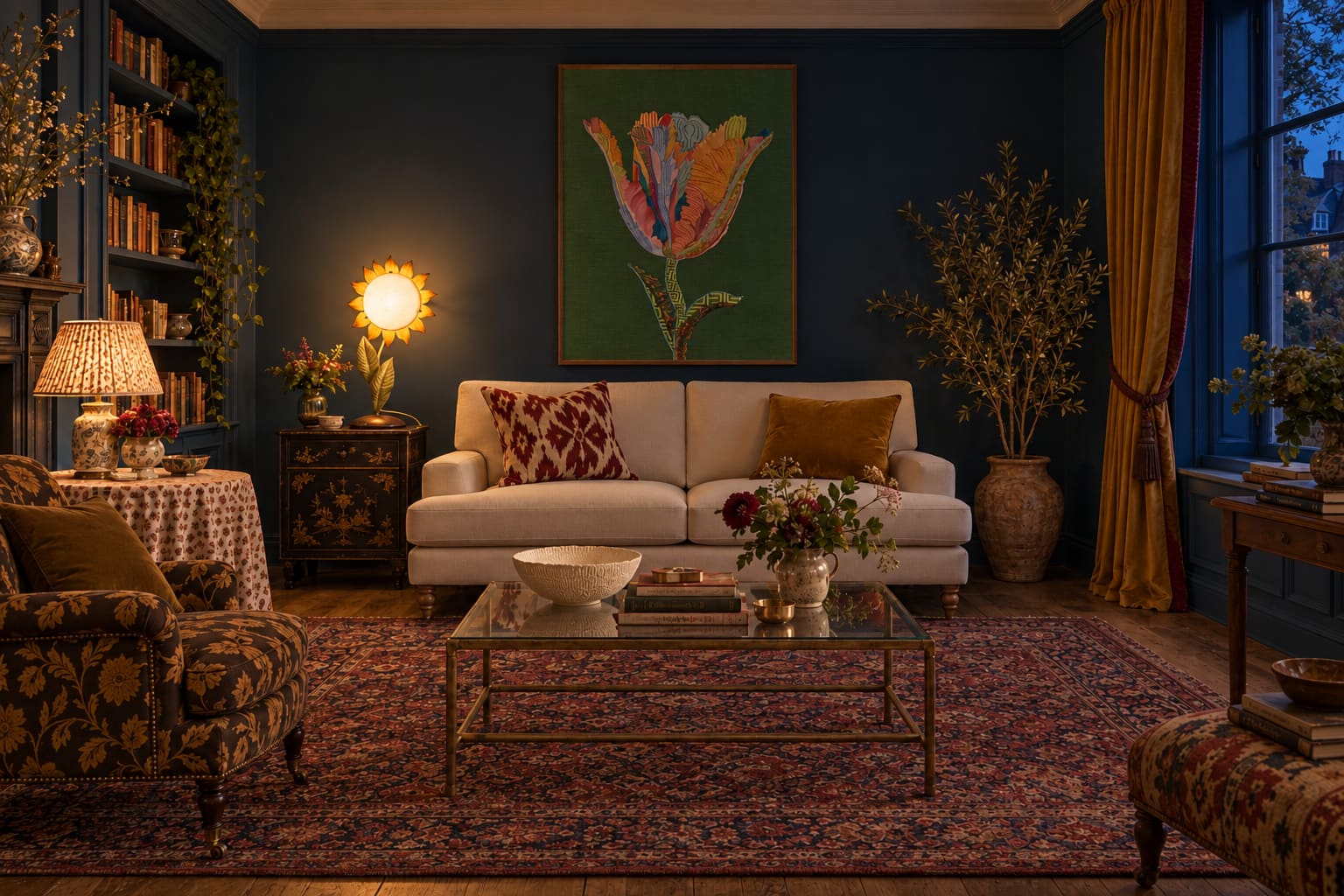 Ink-blue sitting room with an ivory sofa, warm shaded light and a sunflower lamp