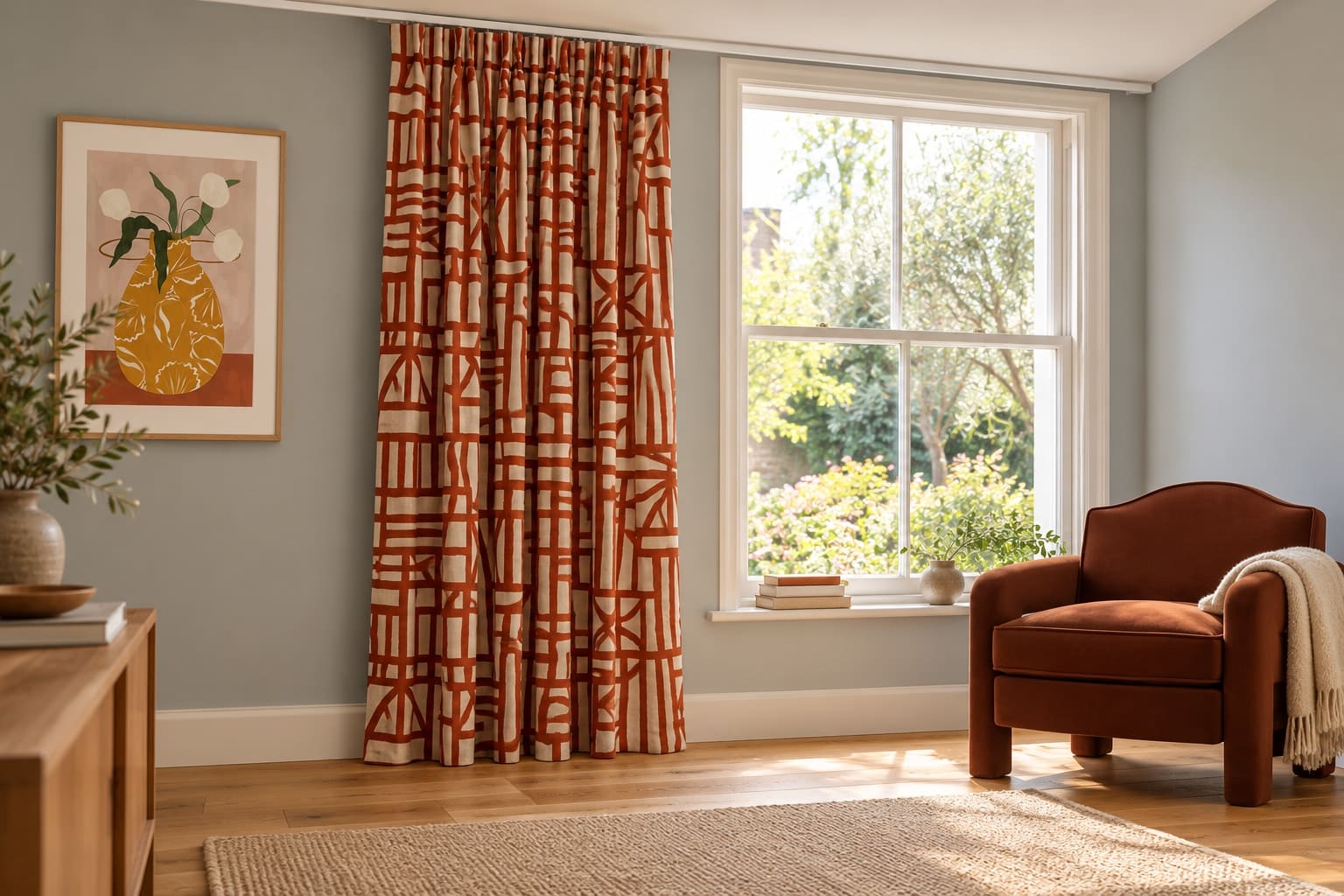 One full-length patterned curtain gathered to the left of a tall window close to the room’s right-hand corner.