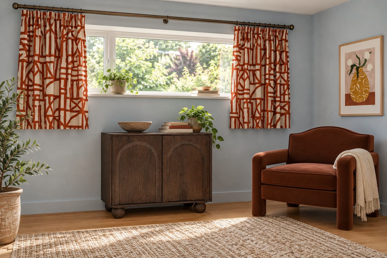 Rust-and-ecru patterned short curtains above a walnut cabinet, beside a cinnamon velvet chair in a pale blue room.
