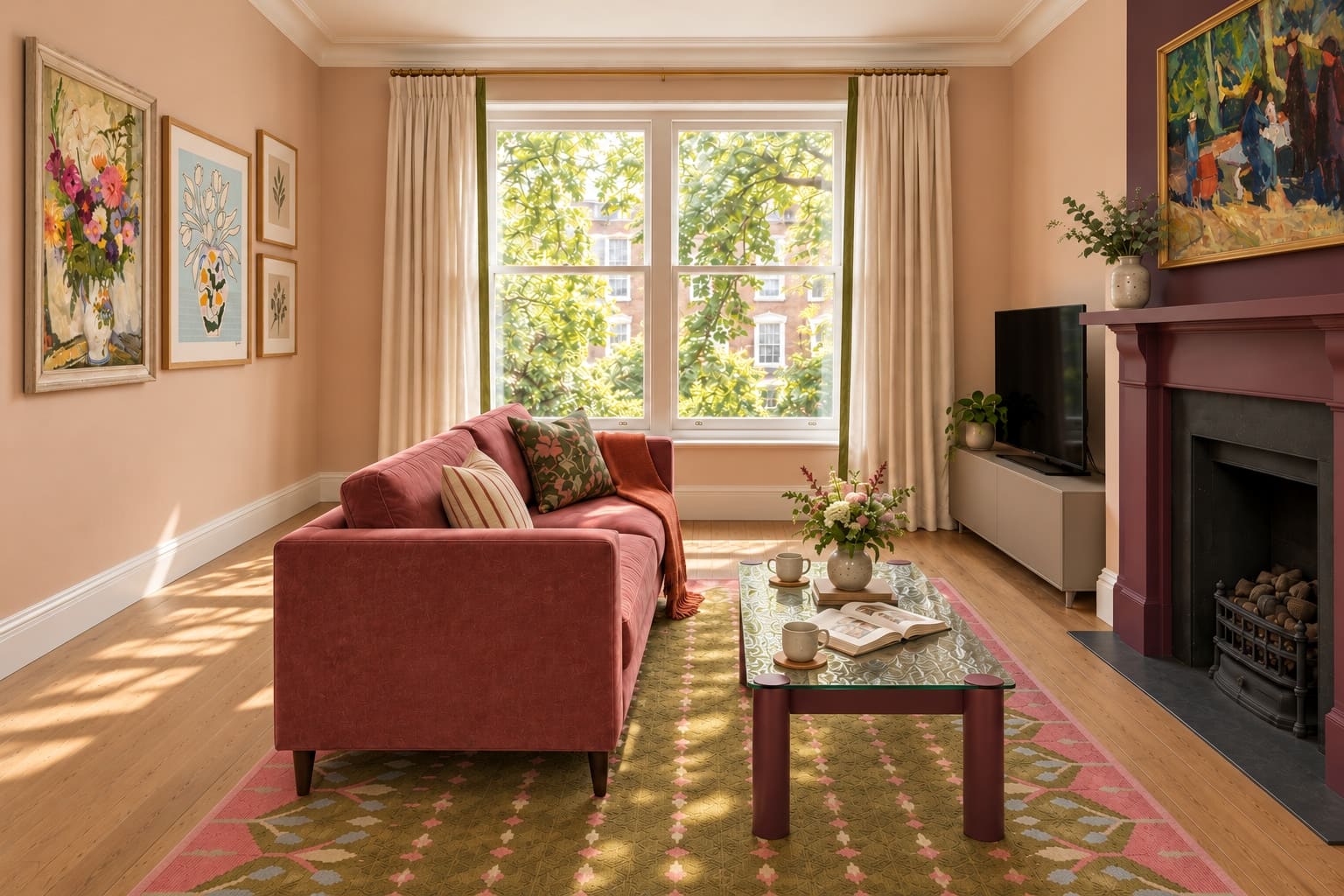 Arrangement A looking towards the window: a rose velvet sofa and gallery of floral pictures on the left, with a low television and blackberry fireplace on the right. A wine-framed glass table stands on a green-and-pink rug.