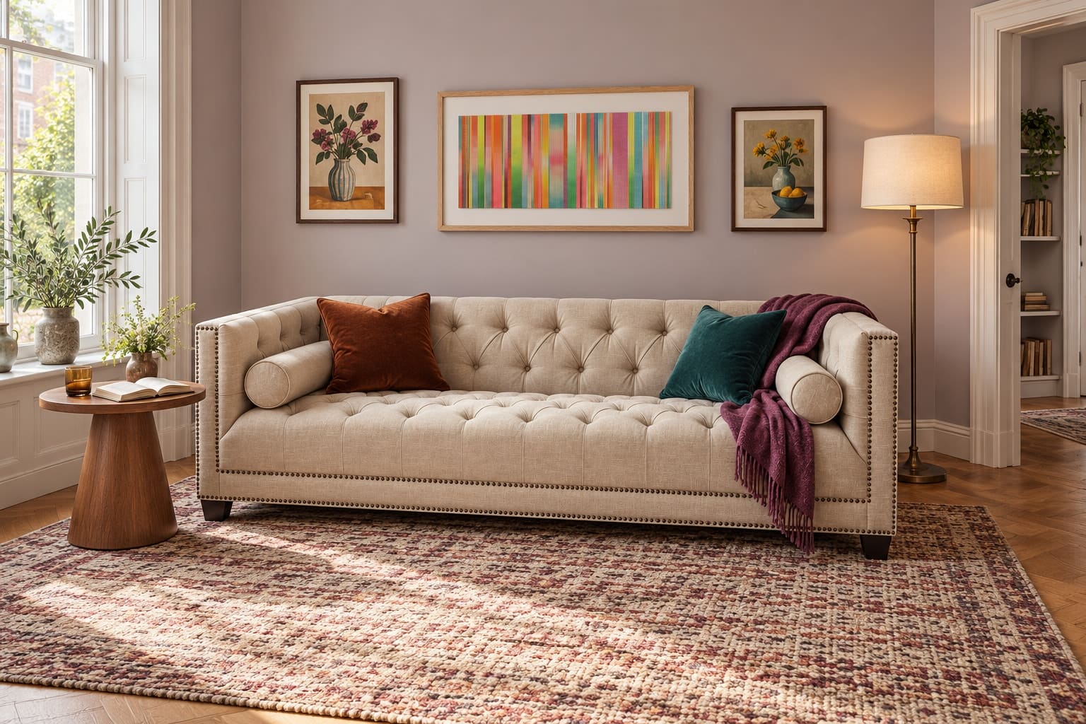 A stone buttoned sofa with narrow squared arms, a walnut side table and colourful framed artwork in a softly lit lilac-grey sitting room.