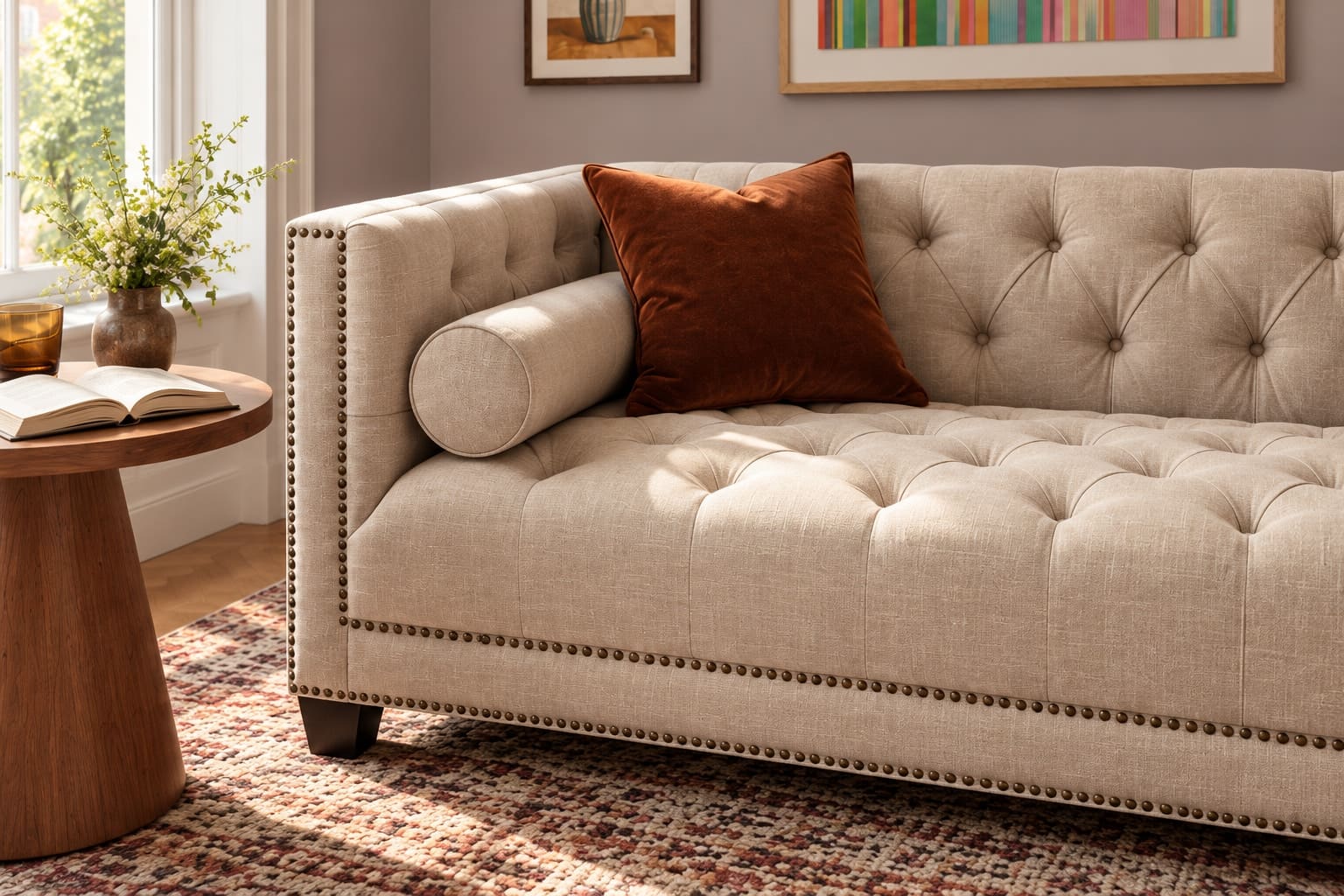 Close view of the Surina sofa’s narrow arm, cylindrical bolster and buttoned seat beside a walnut table.