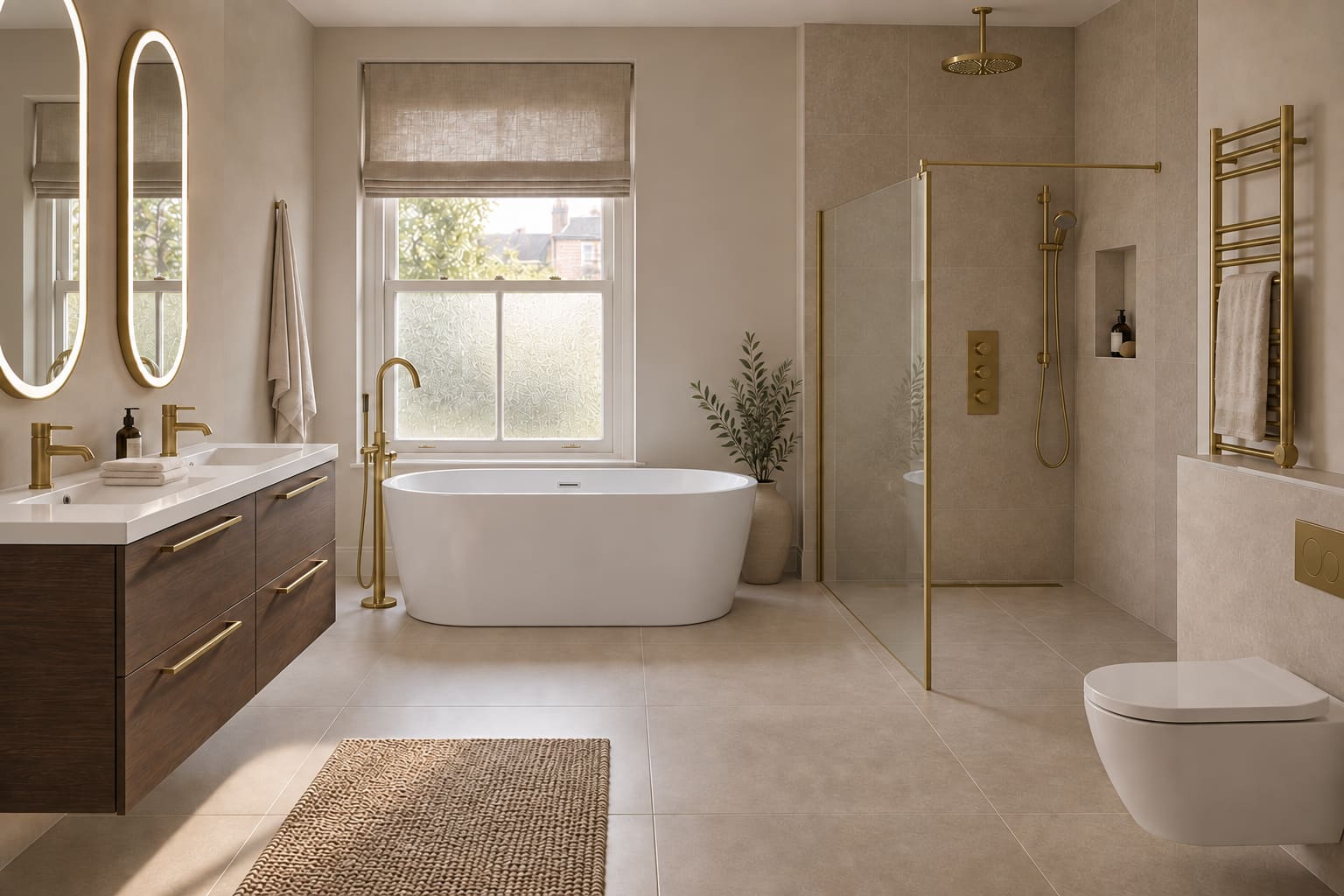 Warm stone bathroom with an oval white bath beneath a sash window, brown-oak double vanity, two gold oval mirrors and a separate brass-trimmed walk-in shower.