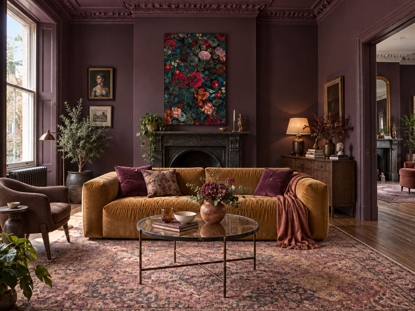 Plum walls, ochre velvet and a dark floral artwork give this Victorian reception its weight. A generous patterned rug gathers the seating around a round glass table.