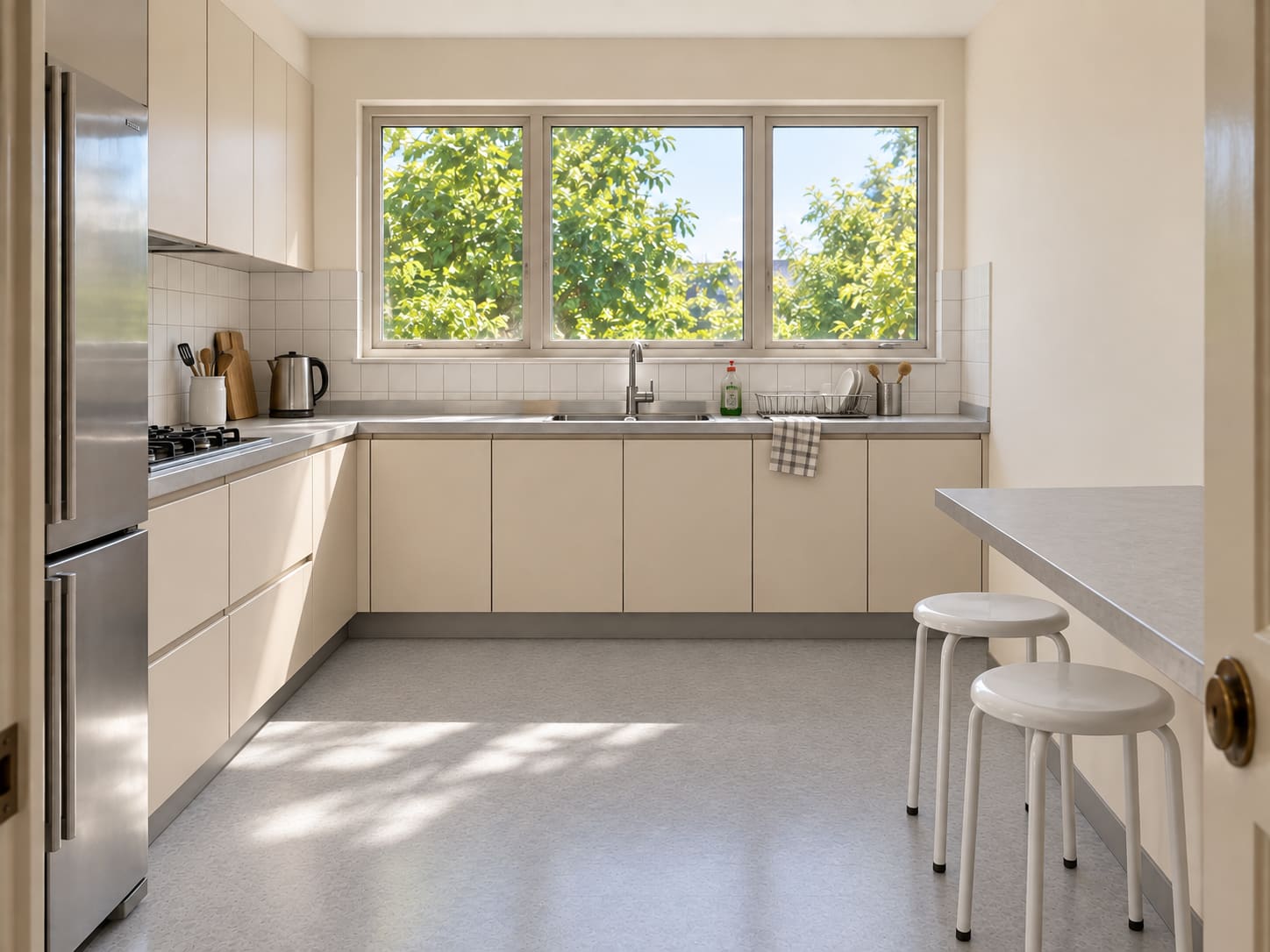 Serviceable beige cabinet fronts, grey vinyl, a cluttered laminate counter and a small white table.