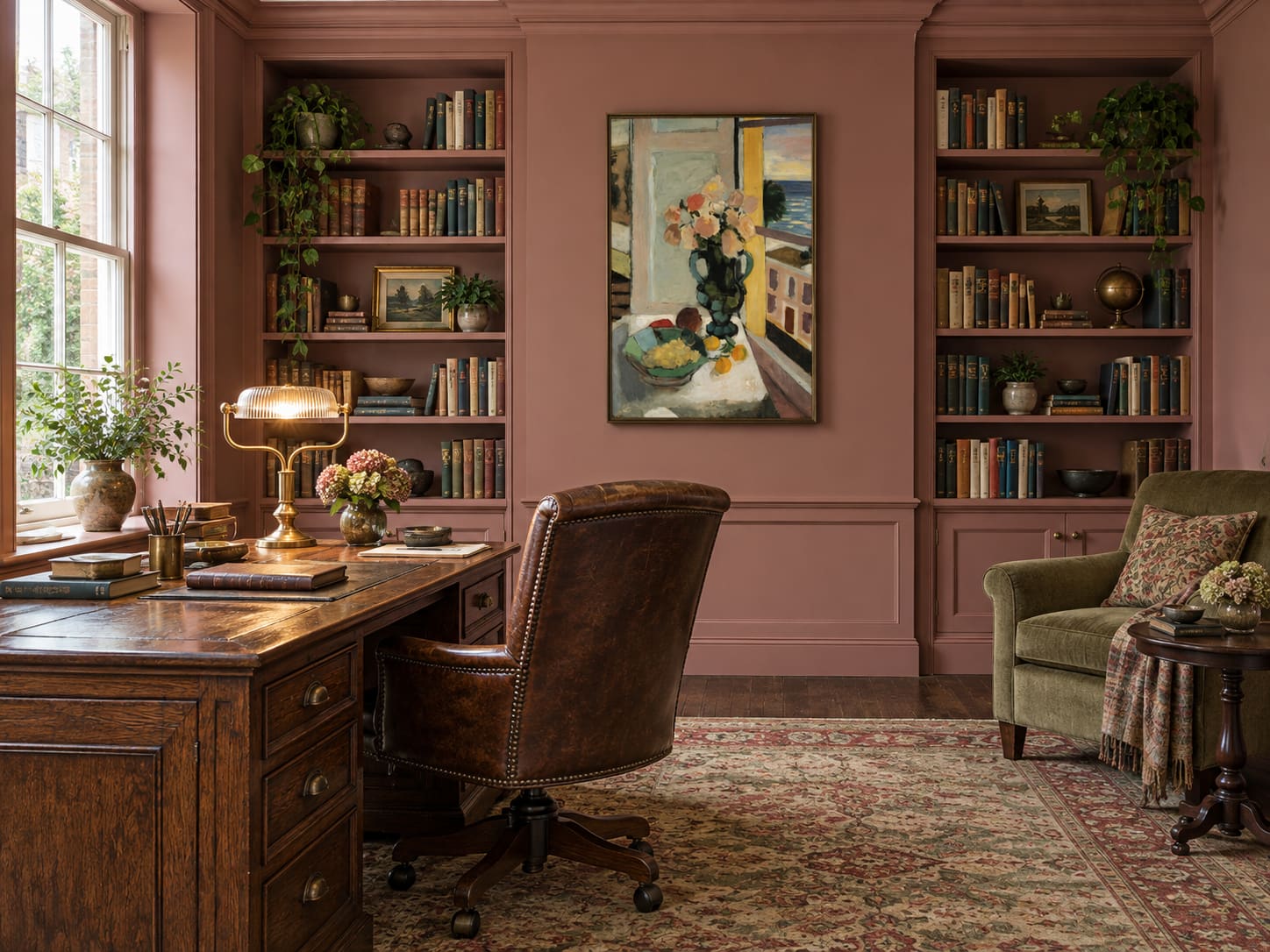 Rose-painted bookcases frame a floral still life, with a dark timber desk by the window and an olive reading chair across the room. Work has a place here; so does staying a little longer.