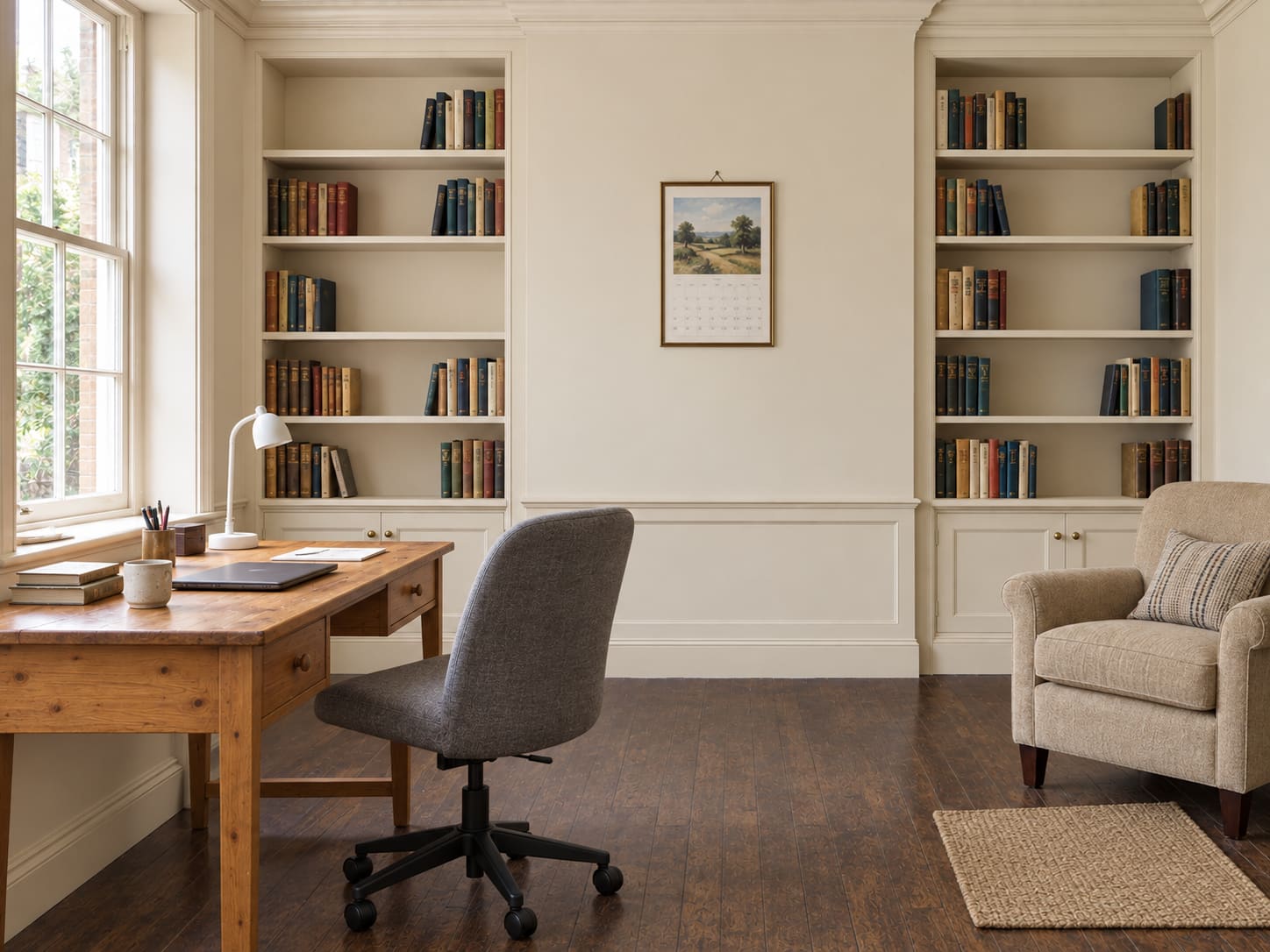 Cream walls, two half-filled brown bookcases, a flimsy desk and a cold ceiling lamp.