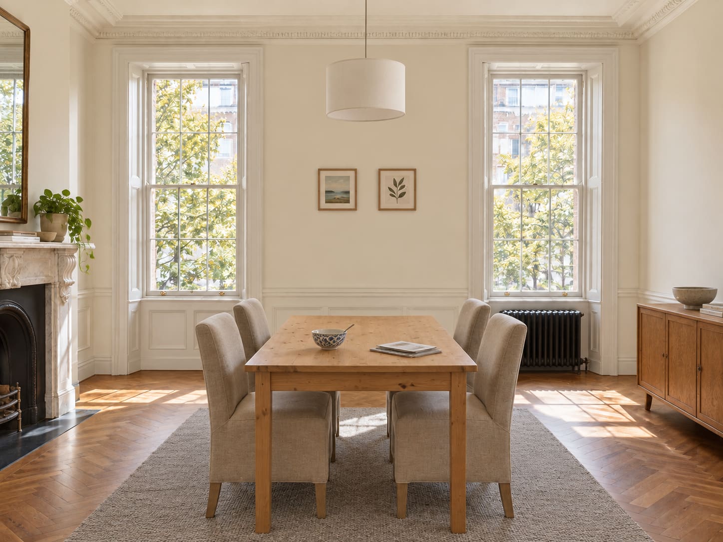 A modest pine table floats in a large magnolia room, surrounded by beige chairs.
