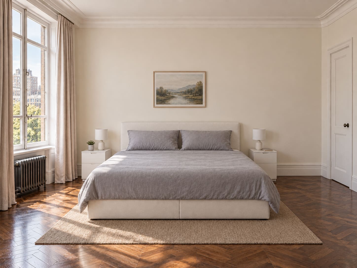 A white divan, flat grey cover and tiny bedside cupboards sit against magnolia walls.