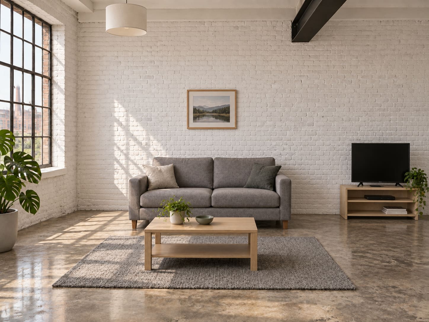 White painted brick, a short grey sofa, a low TV stand and a tiny rug in a large echoing room.