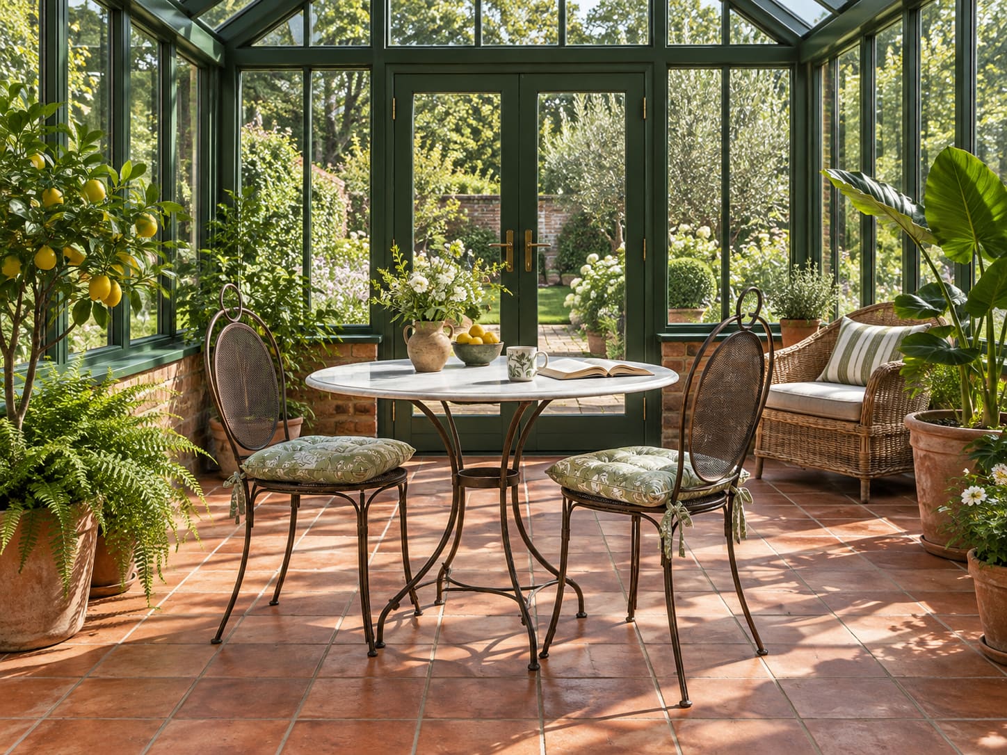 Deep green glazing, terracotta floor tiles and a pale marble bistro table make this conservatory feel connected to the garden. Cushioned chairs give it a proper place to pause.