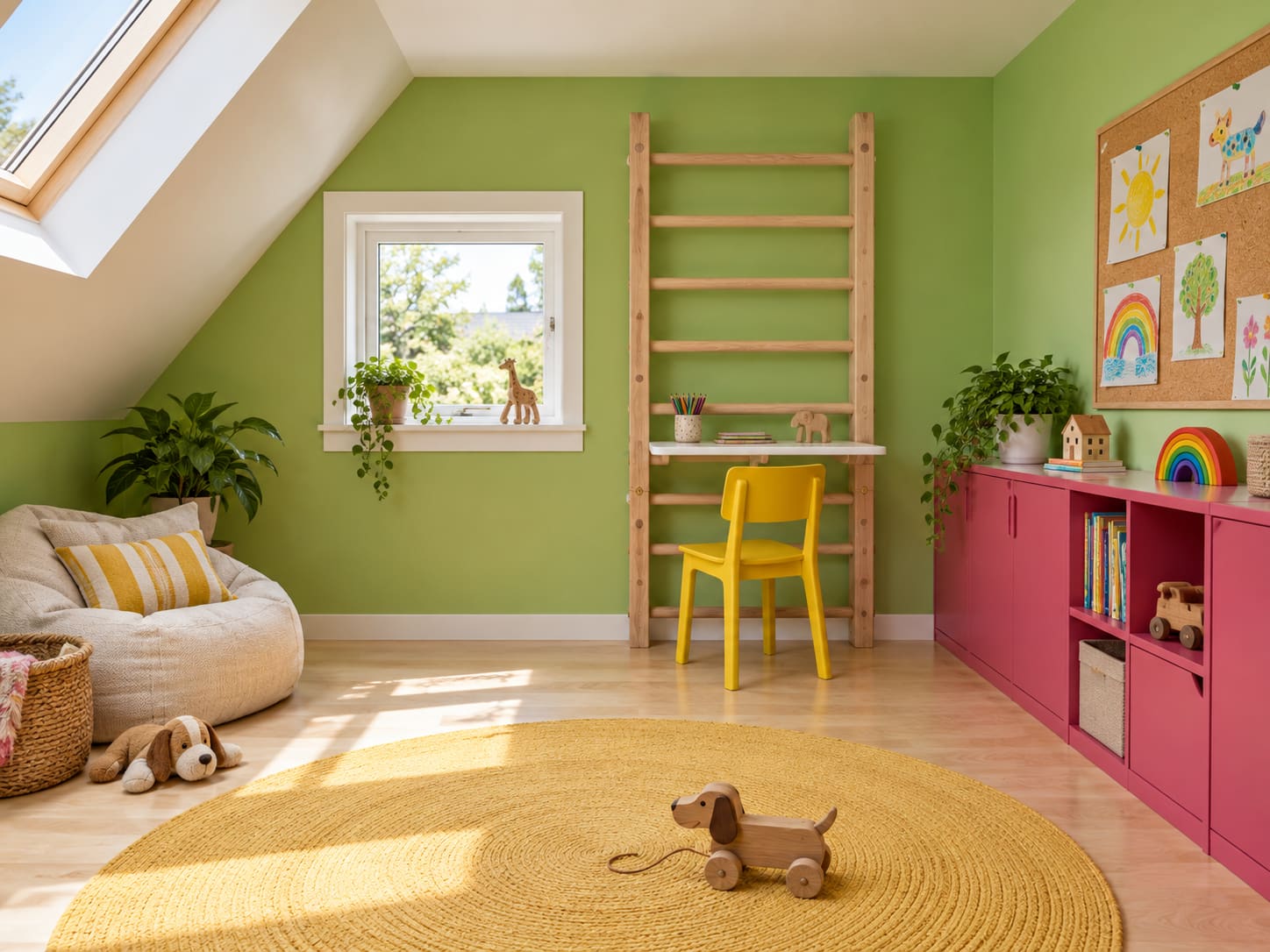 Apple-green walls, raspberry storage and a yellow rug divide this attic into places to draw, play and settle down. The open middle leaves room for the activity to change.
