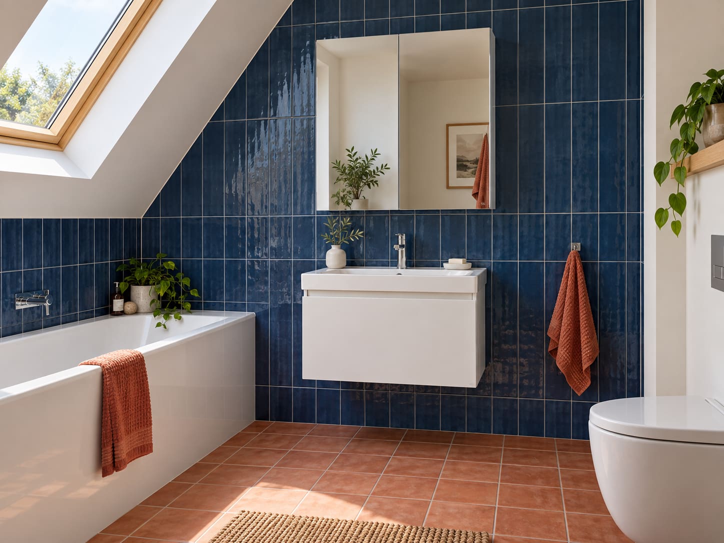 Deep blue tiles and a terracotta floor bring depth and warmth beneath a sloping white ceiling. A floating white vanity and mirrored cabinet keep the central view crisp.