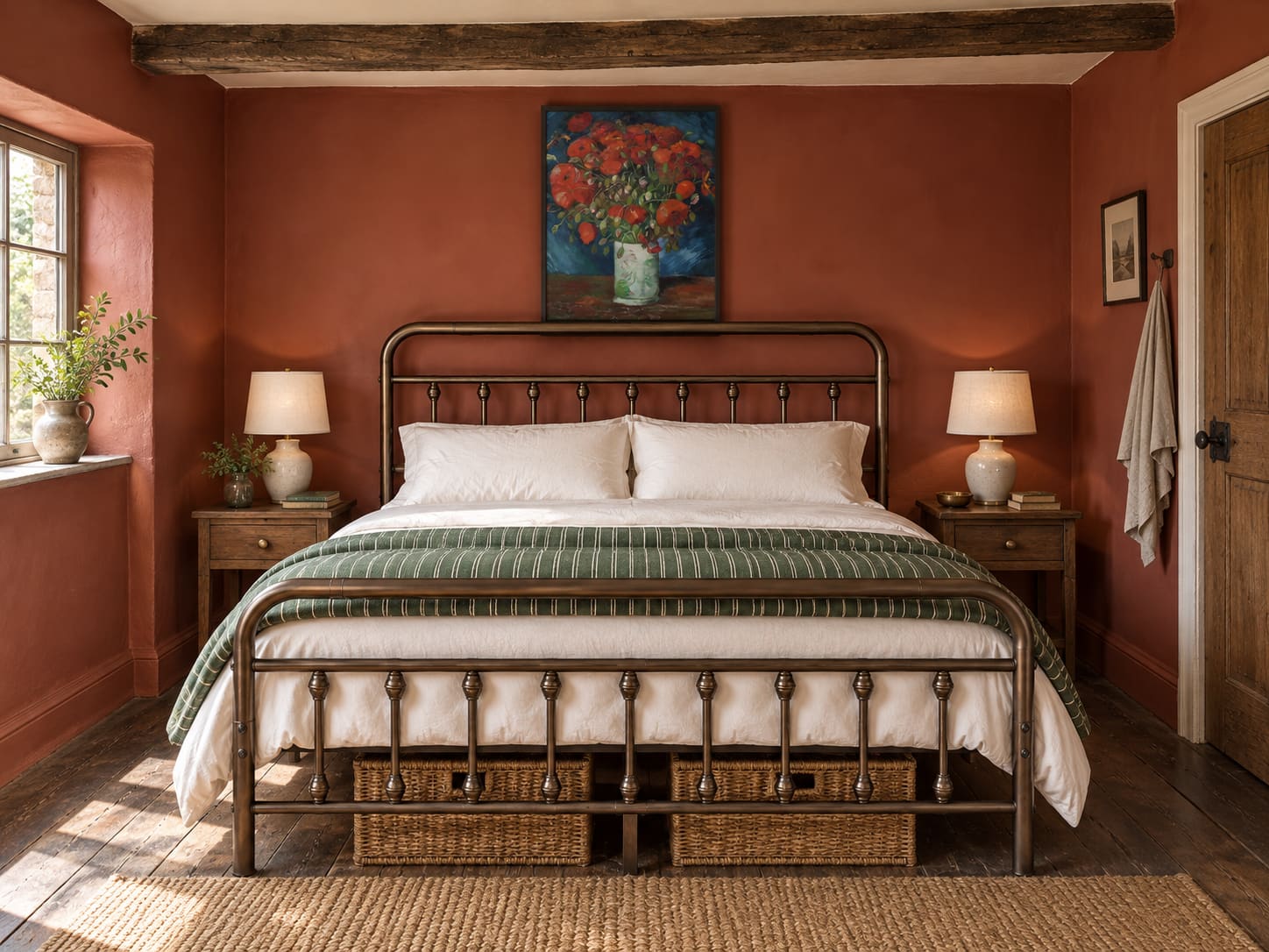 Clay-coloured walls warm a cottage bedroom built around a bronze metal bed. Green-striped bedding and a poppy still life bring a fresh counterpoint beneath the old beam.