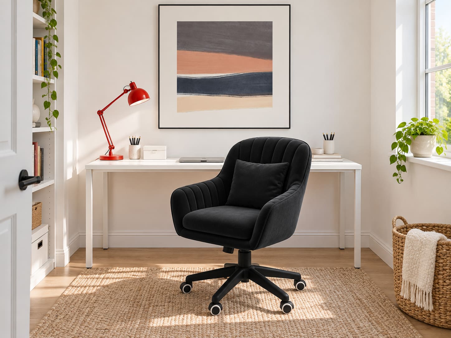 One generous abstract print gives a plain white desk a centre. A black velvet chair, red task lamp and woven textures make this small office feel complete without filling it.