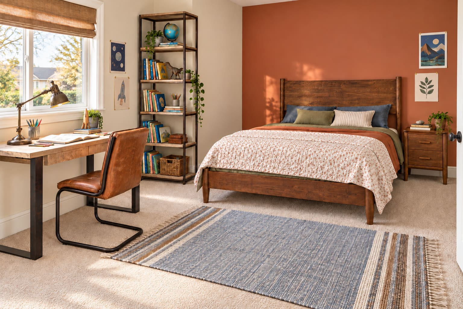 Larger children’s bedroom with a timber desk and tan leather cantilever chair beside a broad window, brass task lamp, walnut bed, a patterned quilt and books on tall open shelving.