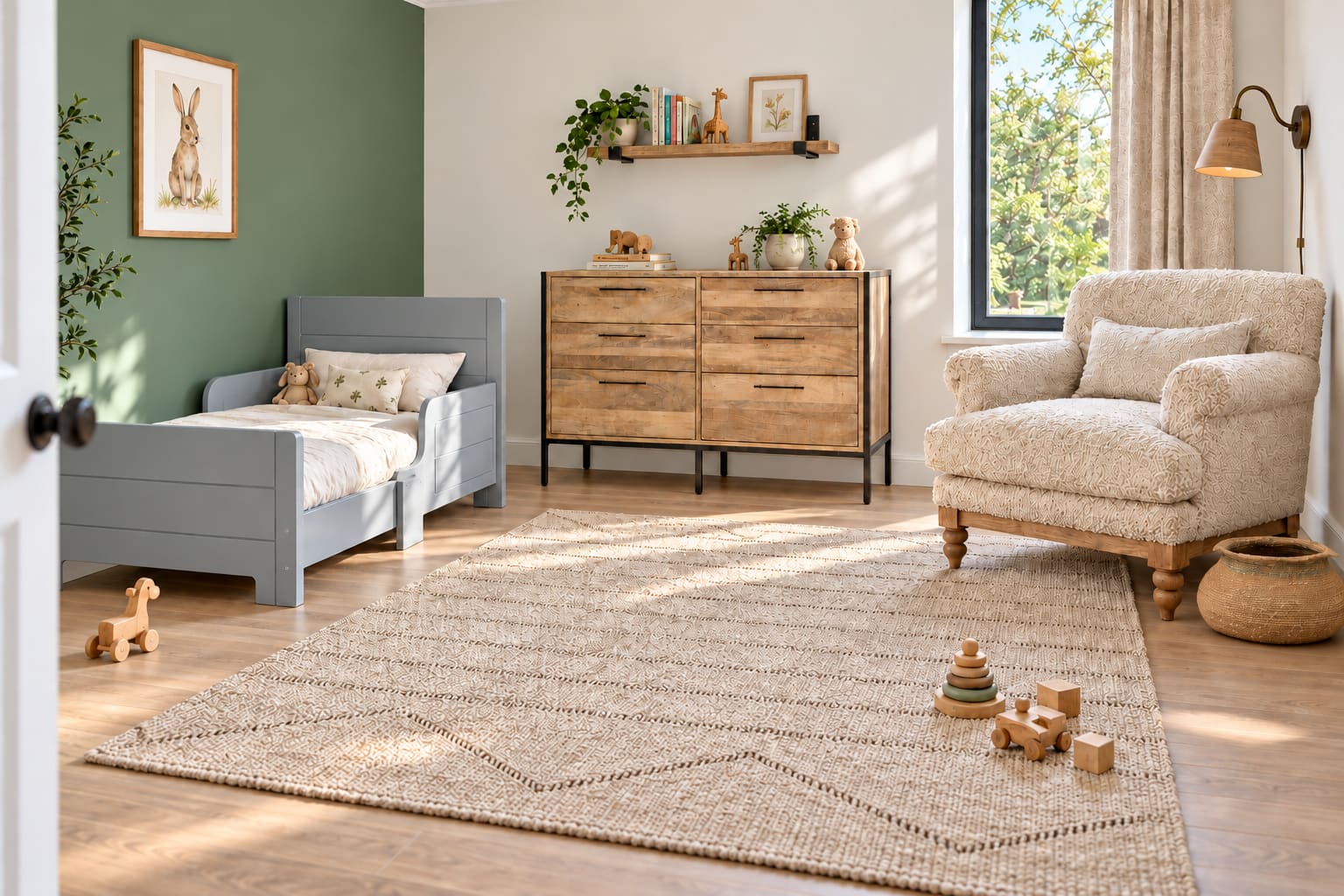 Calm toddler nursery in a modern home, with a grey low bed against a sage wall, mango-wood drawers, a textured cream reading chair and a soft rug on pale oak flooring.