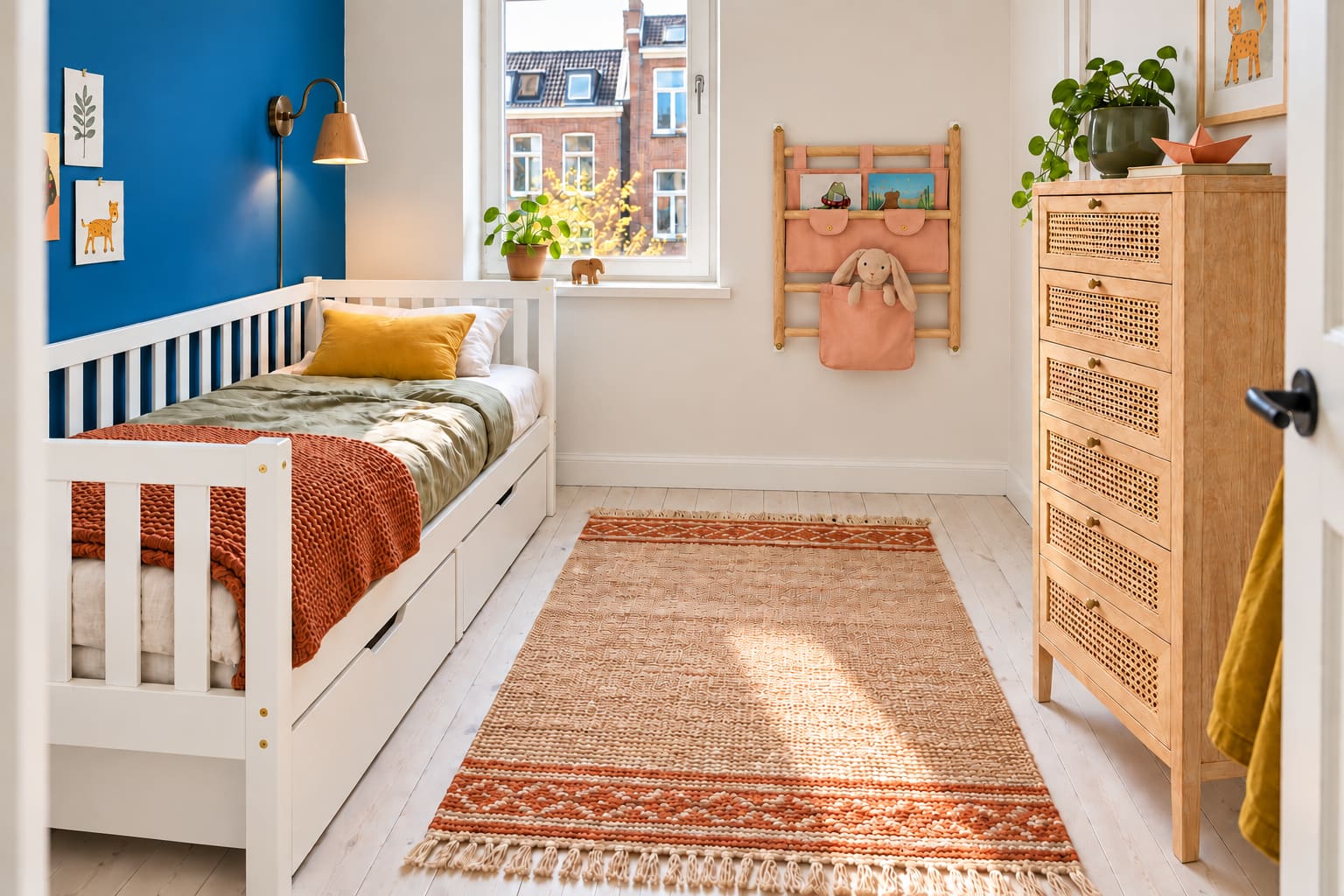 Compact child’s bedroom with a white slatted storage bed against a cobalt wall, a tall cane-fronted chest, peach fabric wall pockets, a rust throw and a small woven rug on painted timber flooring.