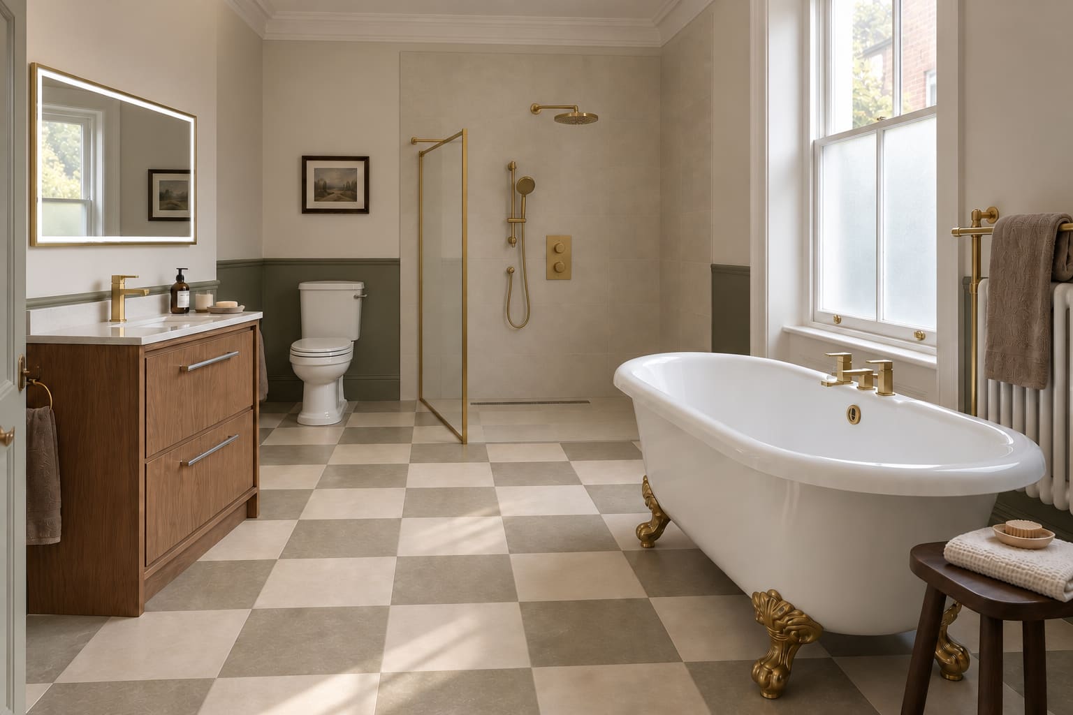 Period bathroom with a white roll-top bath on brass claw feet, antique-oak vanity, a rectangular brass mirror, muted checkerboard floor and tall sash window.