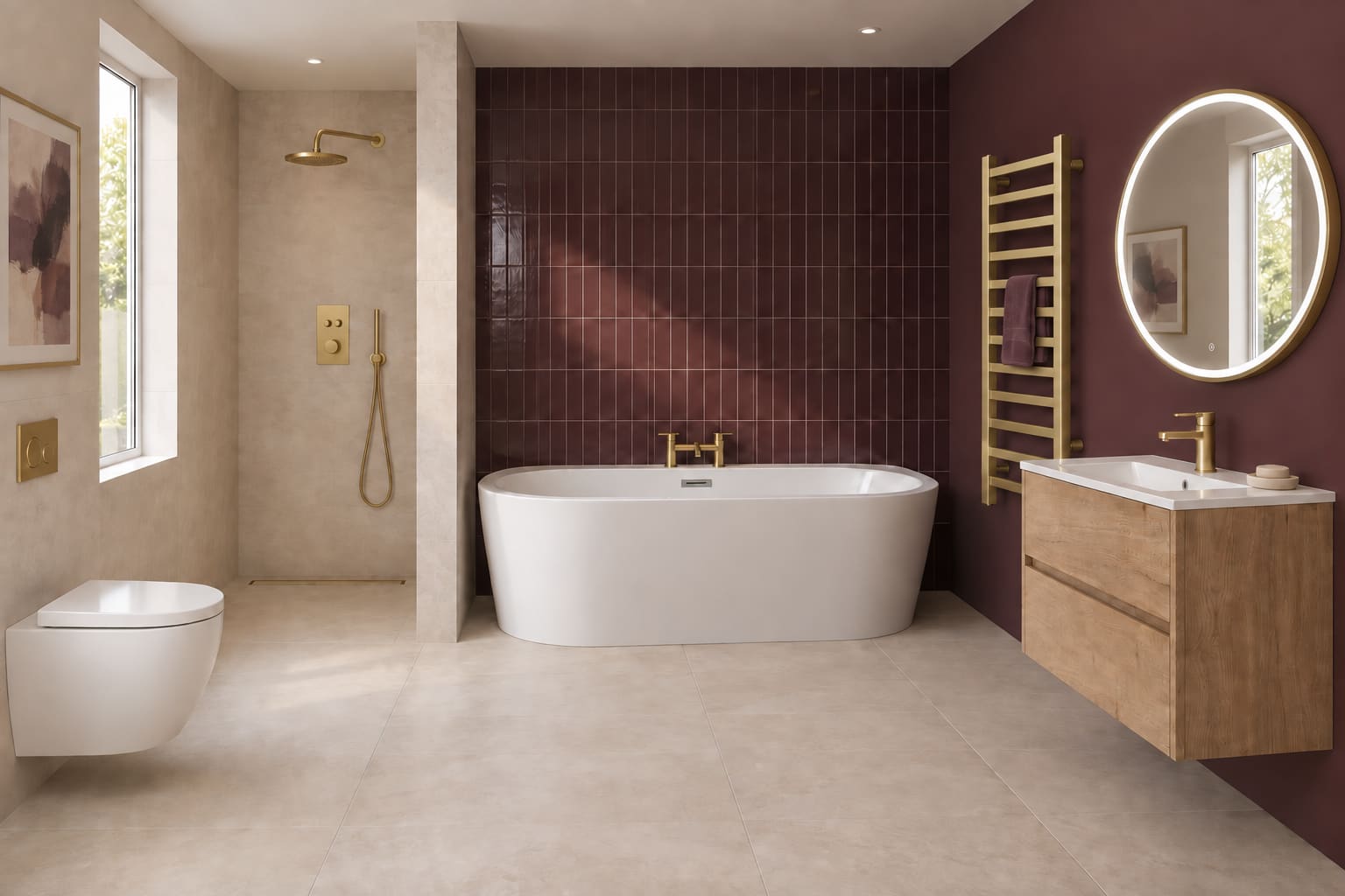 Contemporary aubergine bathroom with a white back-to-wall bath, wall-hung Autumn Oak vanity, round brass mirror and a separate pale-stone shower alcove.
