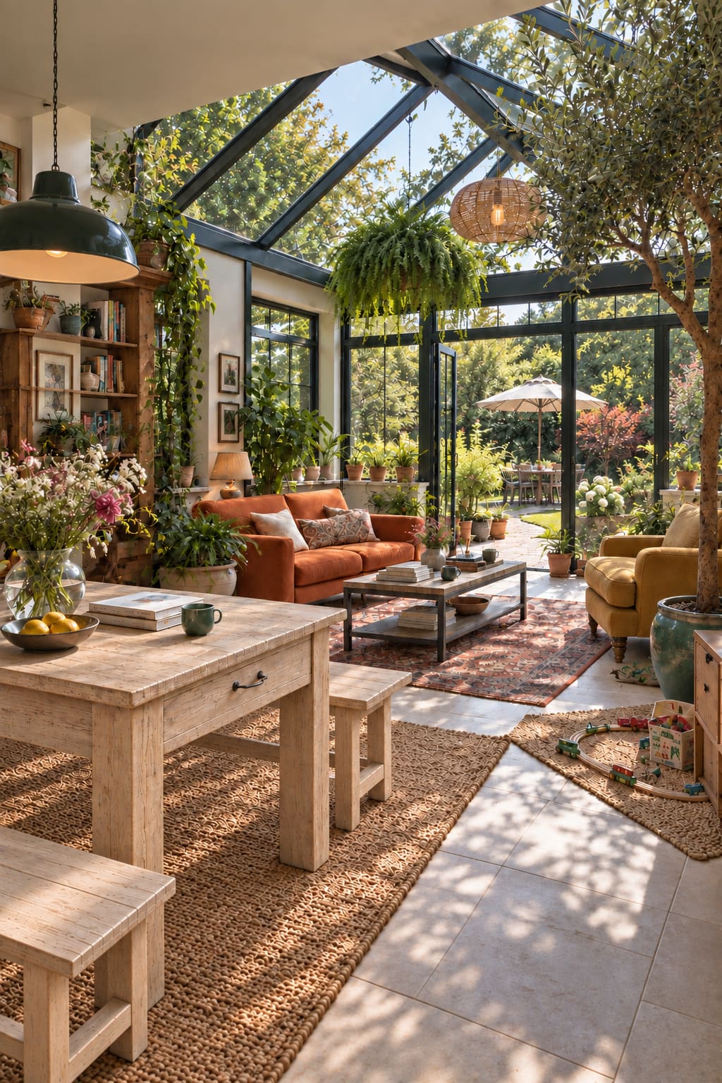 Green-framed conservatory with a pale reclaimed-wood dining table and matching seat benches cropped in the foreground, burnt-orange sofa, ochre armchair and open garden doors.
