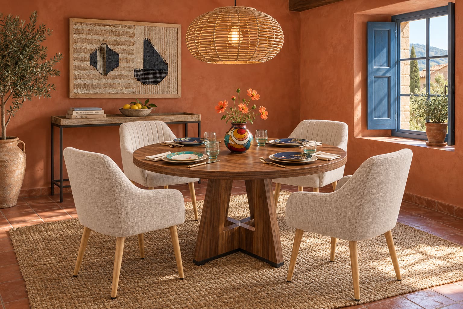 Terracotta dining room in an older European home, with blue casement shutters, a round Tribesigns table, four cream Goeurvant armchairs, woven pendant and colourful bird-patterned plates.