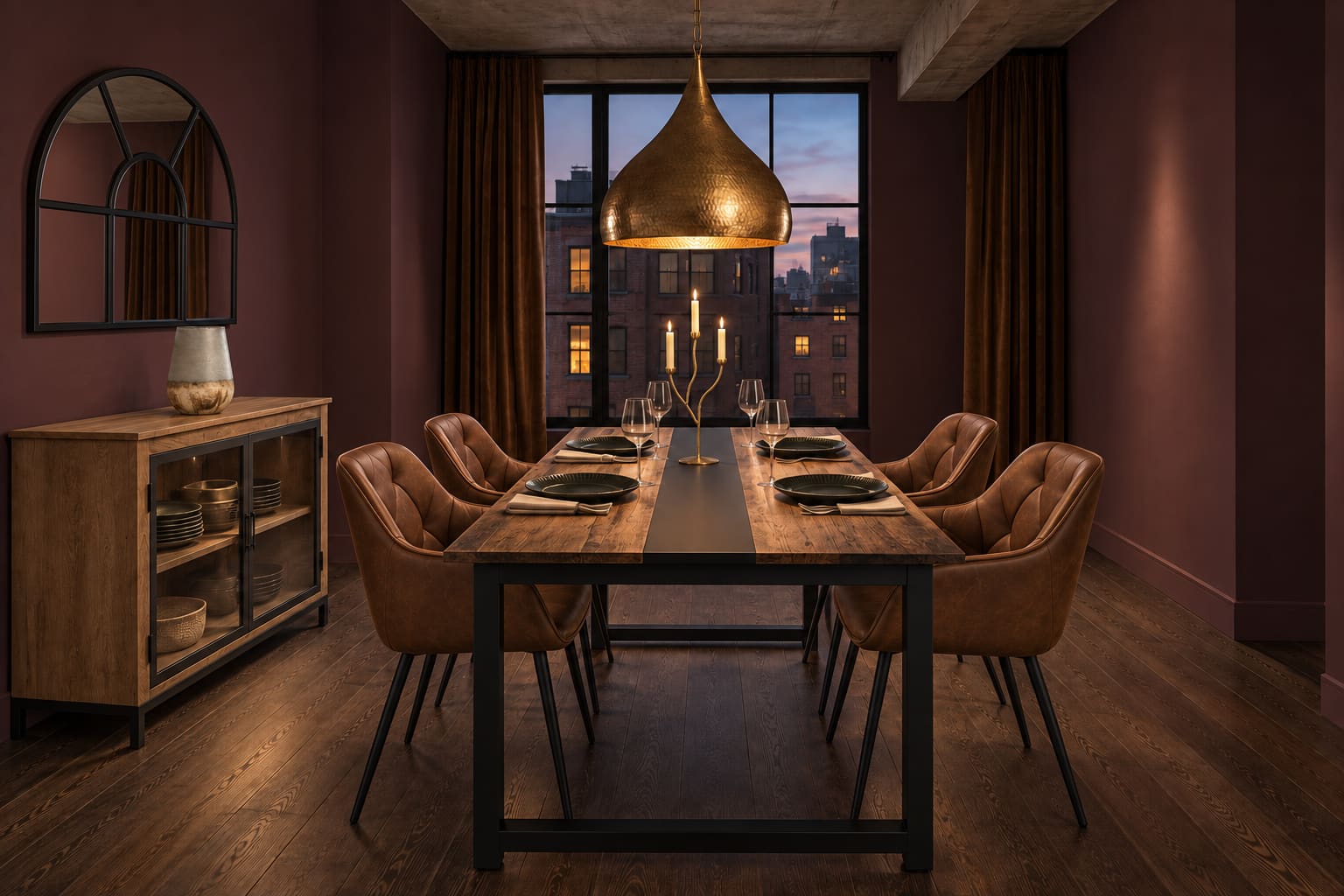 Plum city dining room at dusk with a brown and black Tribesigns table, four tobacco WOLTU chairs, a hammered brass pendant, glass-fronted mango-wood sideboard and arched mirror.