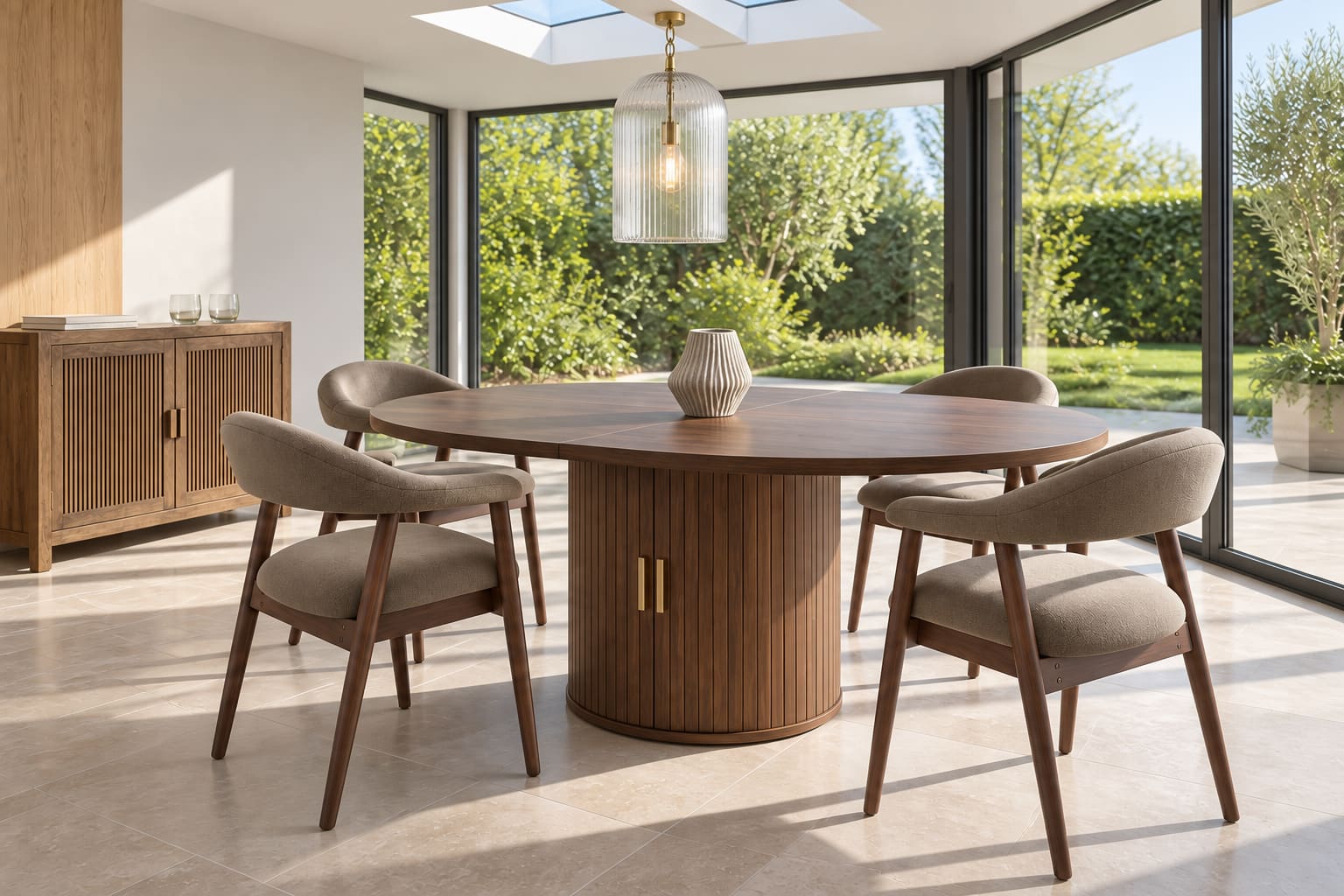 Modern glazed dining space with an oval walnut-effect storage-pedestal table, four camel MALOL chairs, a fluted glass pendant, reeded timber sideboard and pale stone floor.