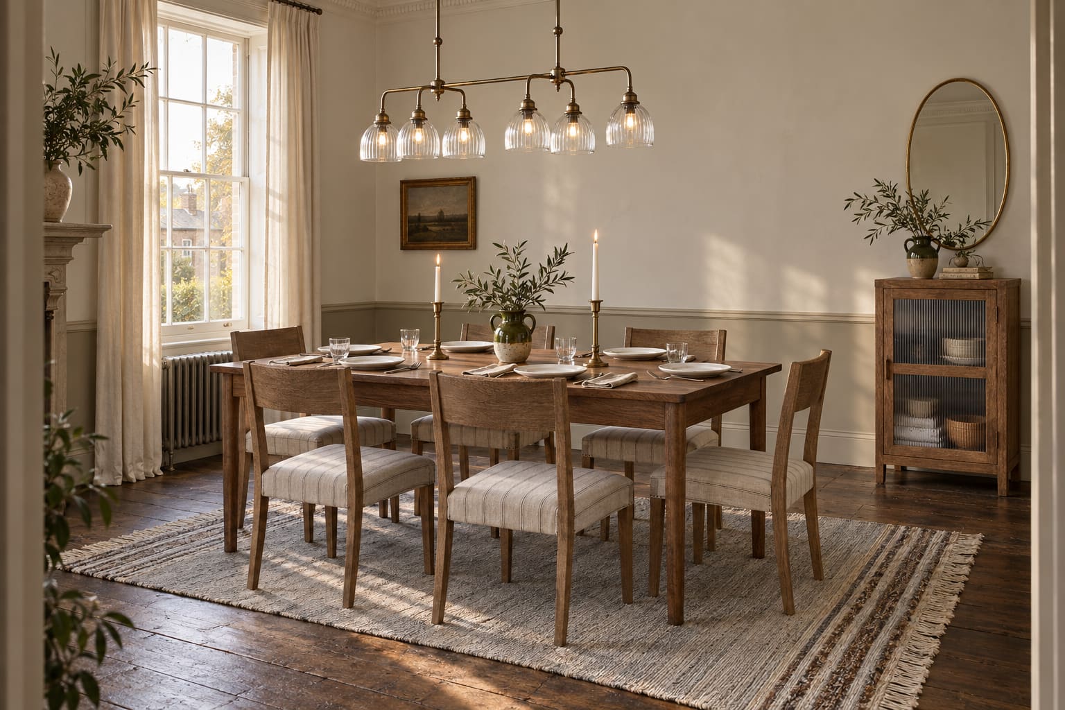 Classic period dining room with a rectangular walnut-toned Anbu table, six timber-backed Nidhi chairs, a six-shade brass chandelier and a narrow fluted-glass cabinet beside a sash window.