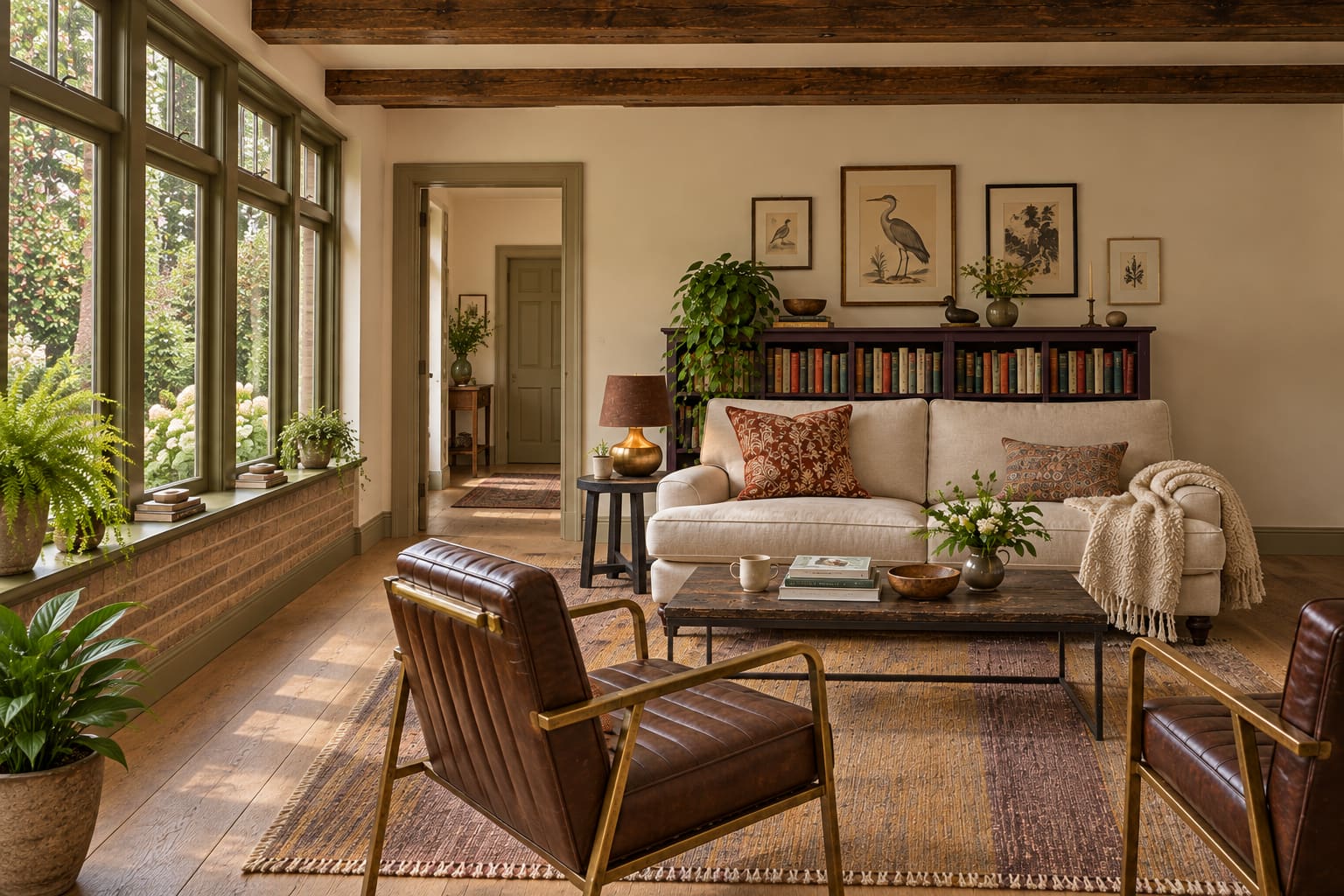 Low-beamed garden sitting room with a stone linen sofa, two brown ribbed leather chairs, olive window frames and a bookcase beneath bird prints.