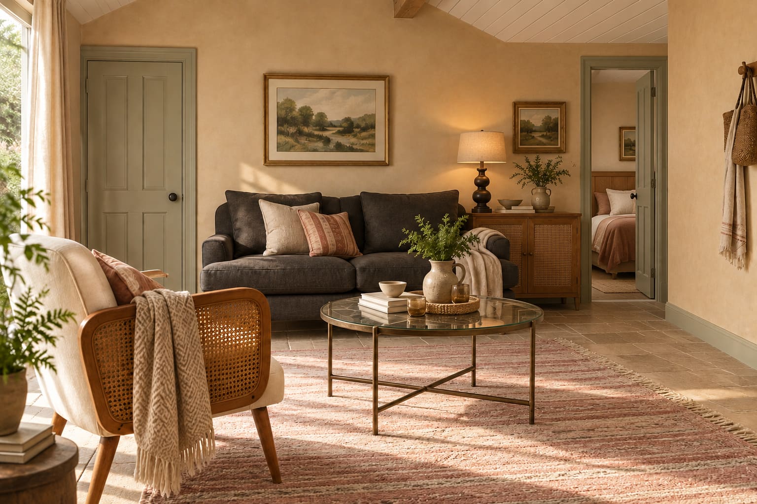 Ochre guest-annexe sitting room with a charcoal sofa, pale cane chair, glass coffee table, rose rug and a bedroom doorway beyond.