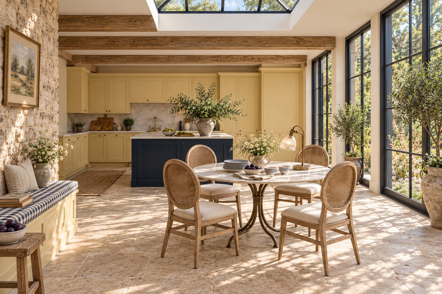 Butter-yellow country kitchen with an ink-blue island, round marble table, pale wooden cane chairs, checked bench and a large roof lantern.