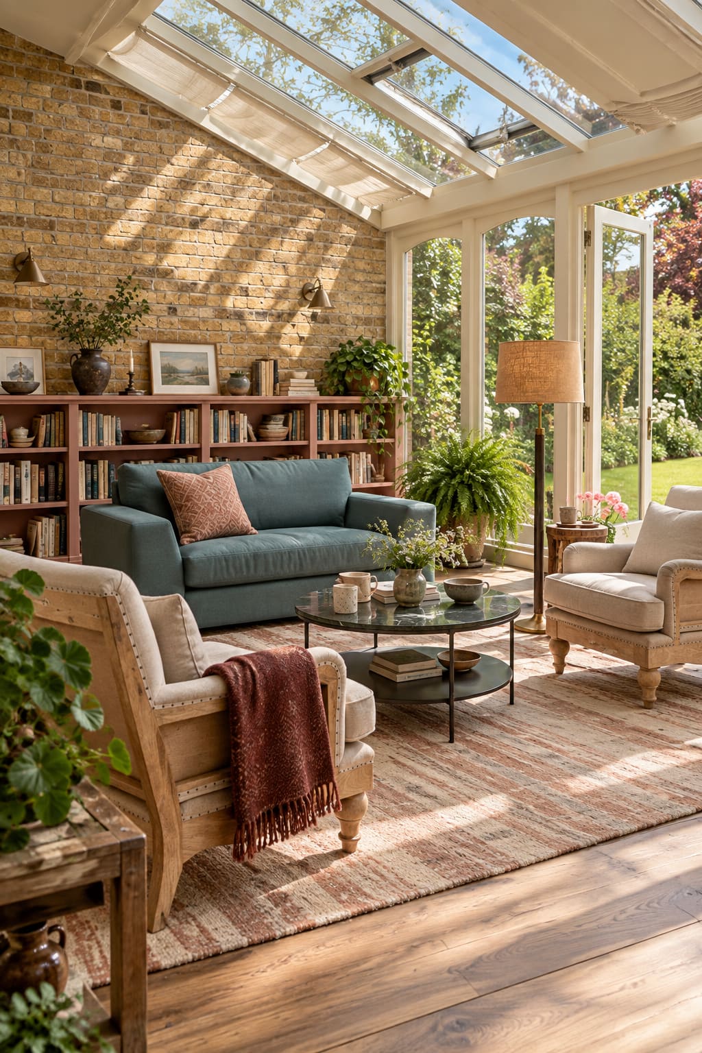 Teal sofa and two pale linen armchairs in a brick conservatory with rose bookshelves, a round green marble table and fabric roof blinds.