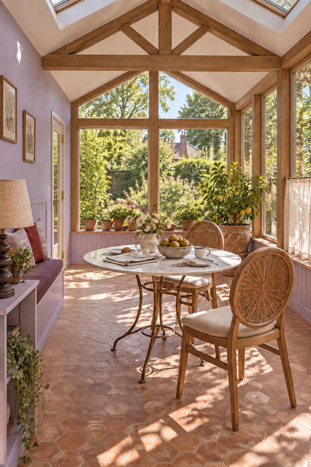 Lilac breakfast room with an oak gable, fitted bench, round marble table, two cane chairs and a potted lemon tree.
