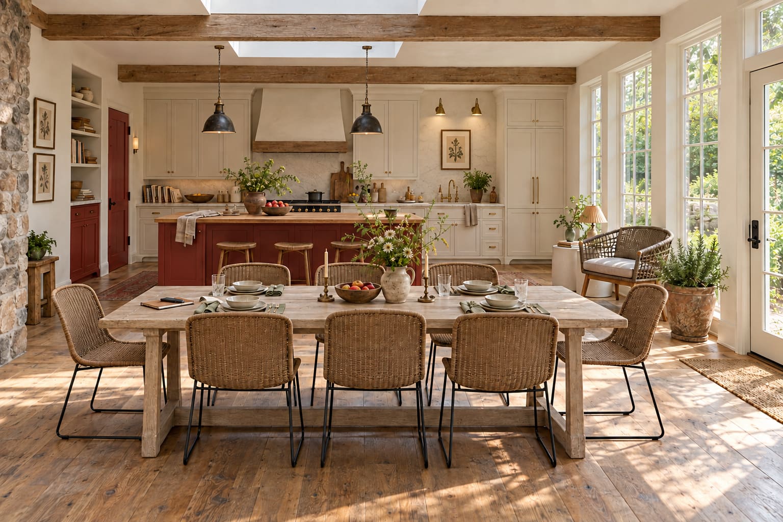 Pennsylvania-inspired farmhouse kitchen with a red island, long weathered table, eight honey wicker chairs, old beams and tall garden windows.