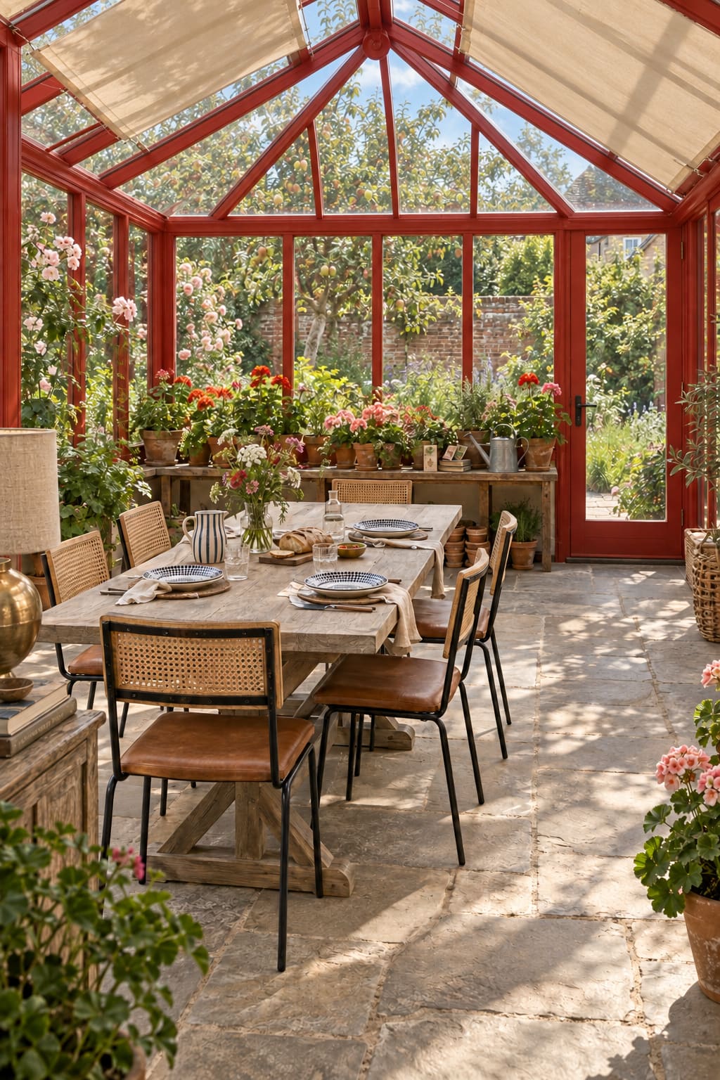 Tomato-red conservatory with a weathered dining table, tan leather and cane chairs, canvas roof blinds and a bench full of flowering pelargoniums.