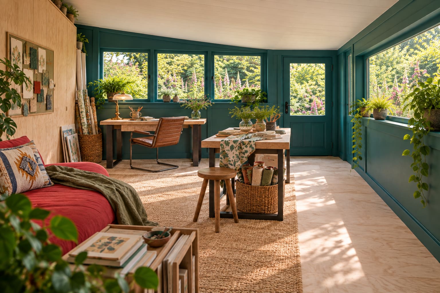 Peacock-framed garden studio with a red daybed, timber desk, brown leather chair, separate making table and large garden windows.