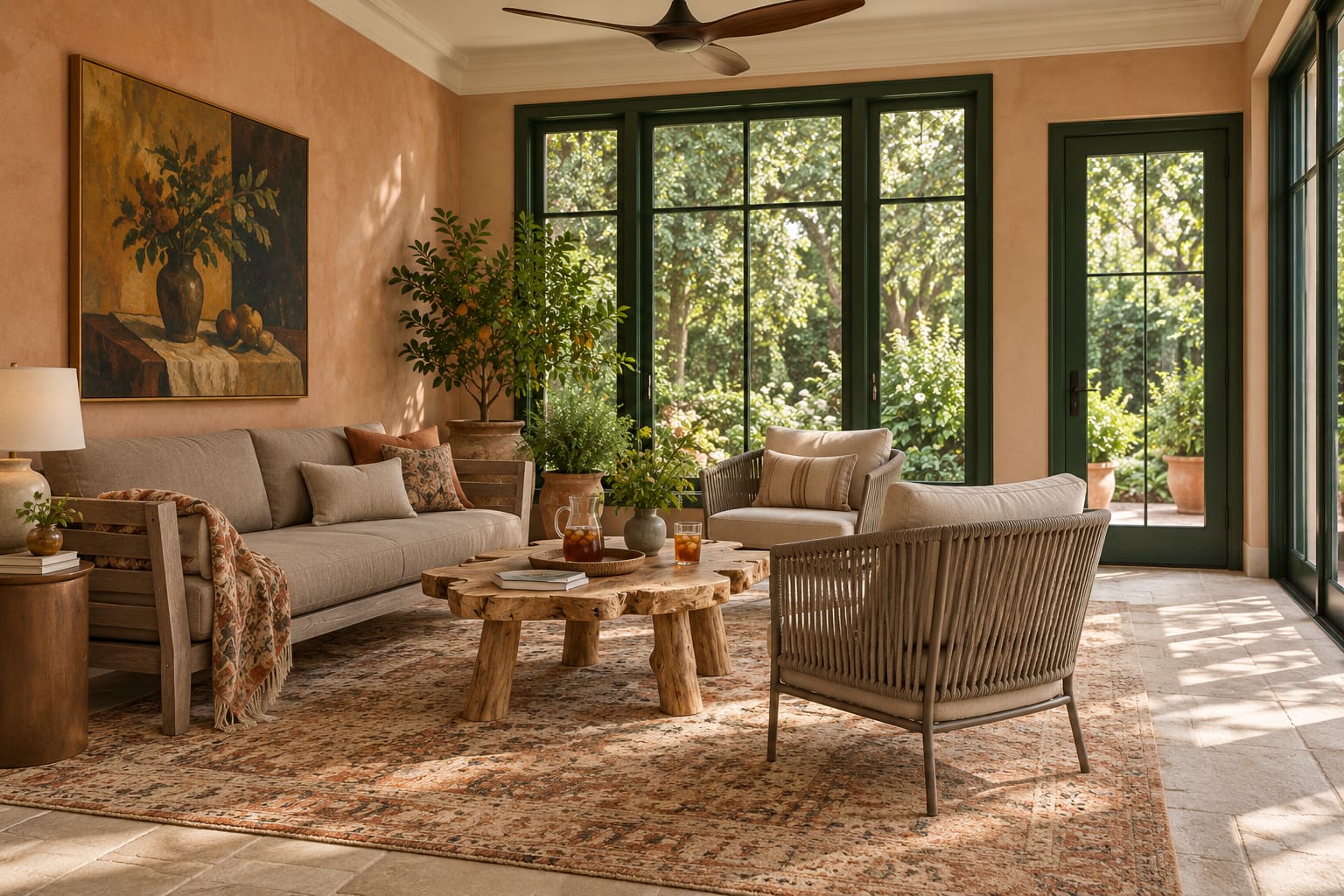 Peach Southern-style sunroom with dark green glazing, a weathered teak sofa, two rope chairs and an organic timber coffee table.