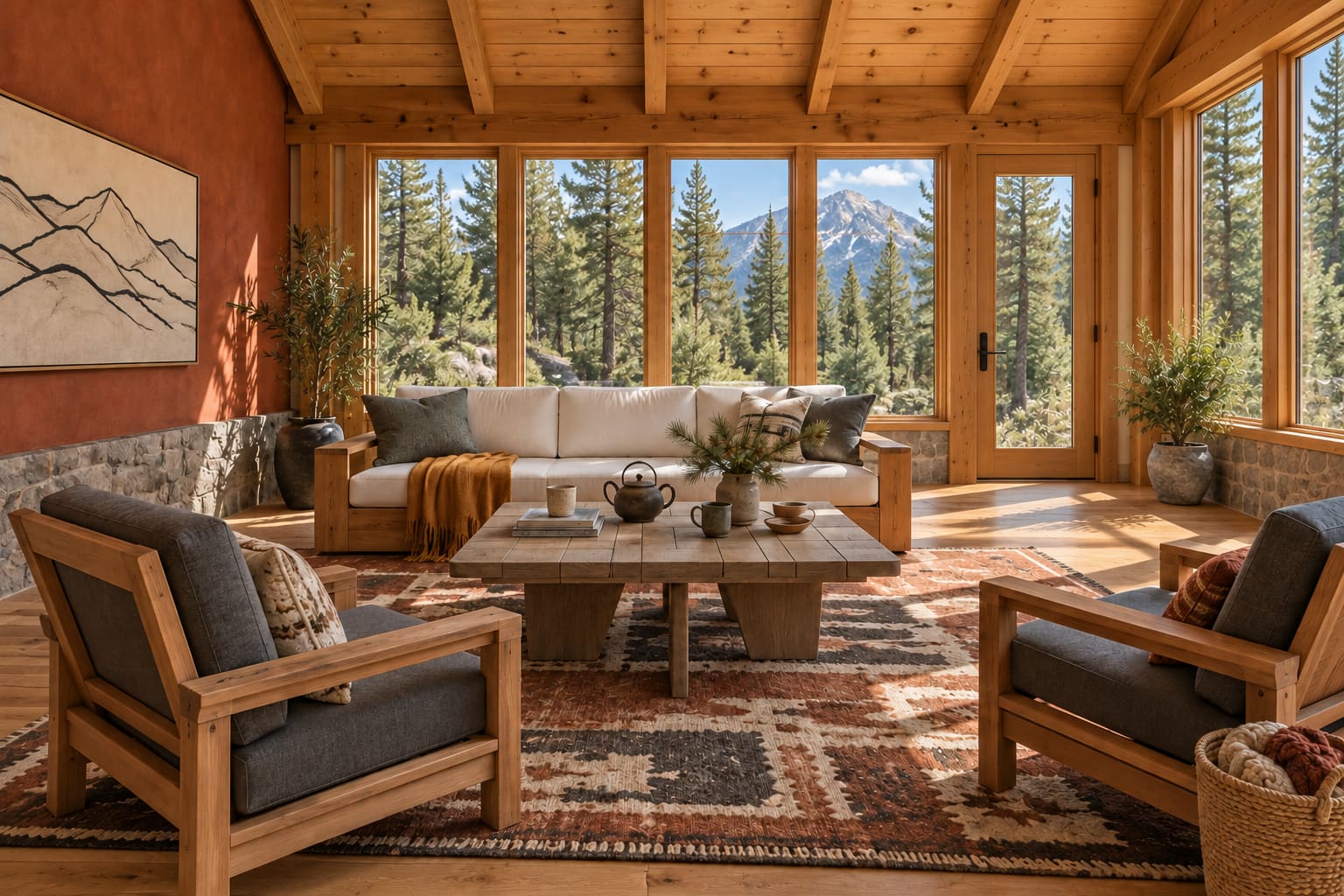 Timber-vaulted Colorado-inspired sunroom with a white teak sofa, grey armchairs, rust plaster, patterned rug and a pine woodland view.