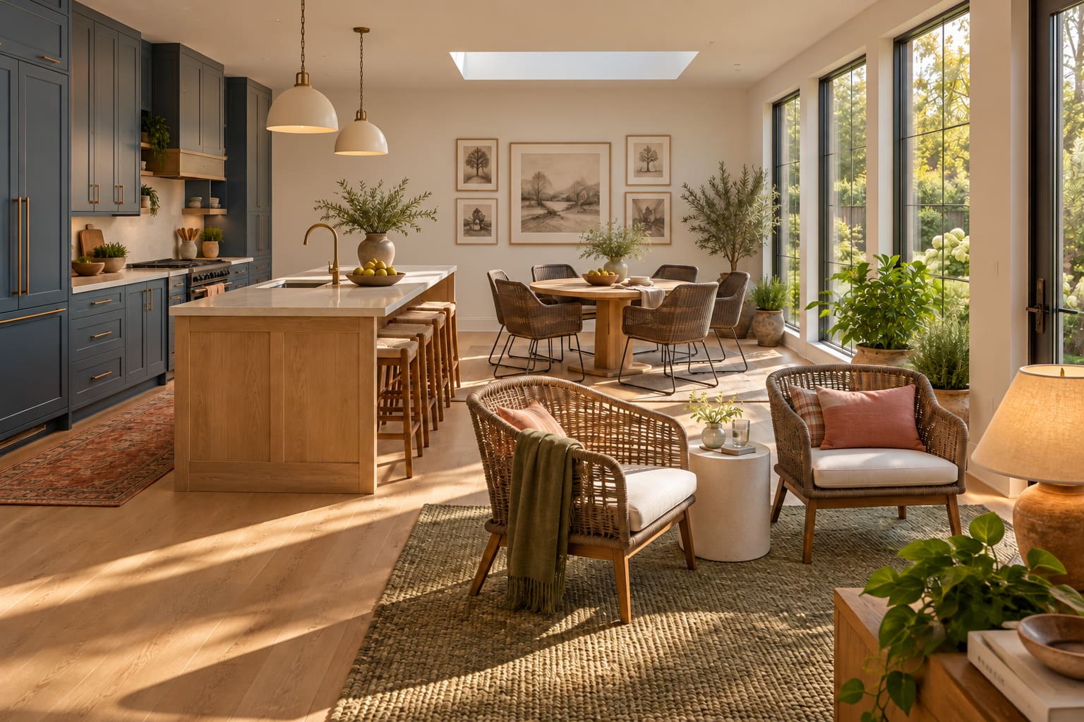 Dusty-blue kitchen with an oak island, round timber dining table, woven chairs and a separate pair of lounge chairs beside tall garden windows.