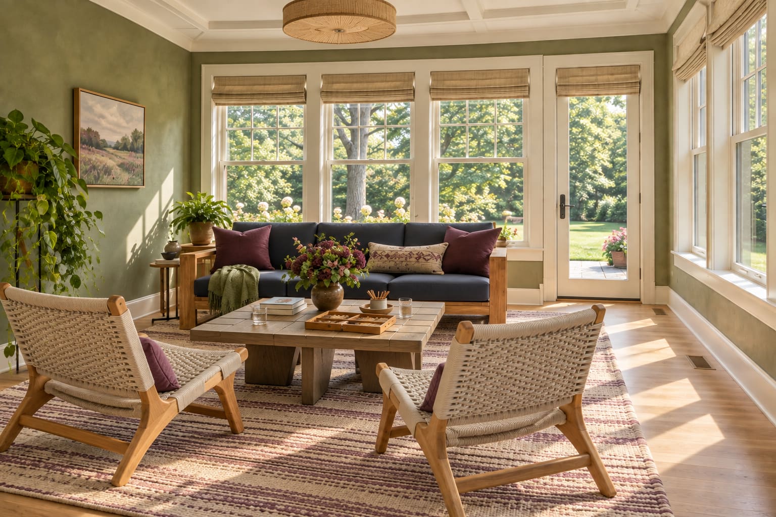 Green Minnesota-inspired sunroom with a navy teak sofa facing two cream rope chairs, a square timber coffee table and a plum-striped rug.