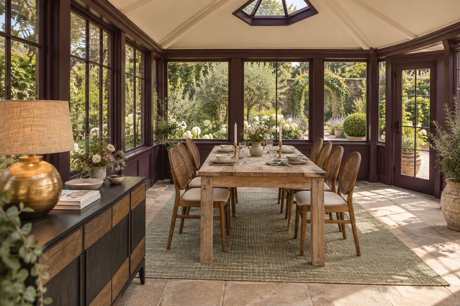 Aubergine-framed garden dining pavilion with a reclaimed timber table, six cane chairs, a sideboard and a small octagonal roof lantern.