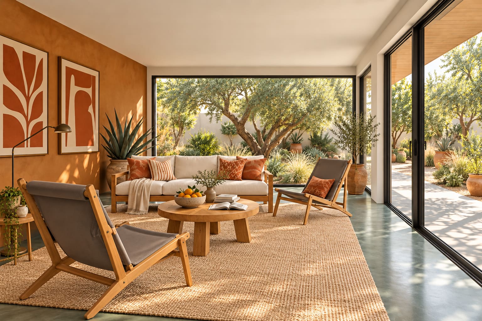 California-inspired sunroom with ochre walls, a cream teak sofa, grey sling chairs, green concrete floor and deep eaves over garden glazing.