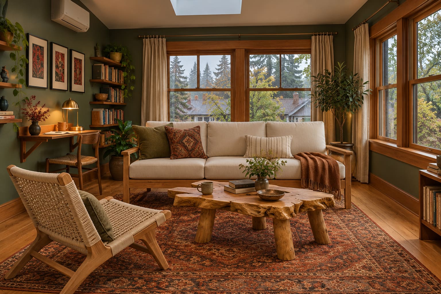 Upper-floor carriage-house living room with fir-green walls, a cream teak sofa, woven lounge chair, natural-edge table and a folding wall desk.