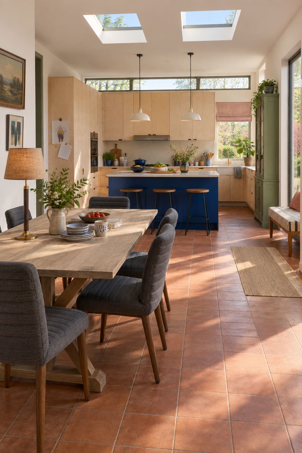 Birch kitchen with a cobalt island, terracotta tiles, grey upholstered dining chairs, rooflights and a pink blind above the sink.