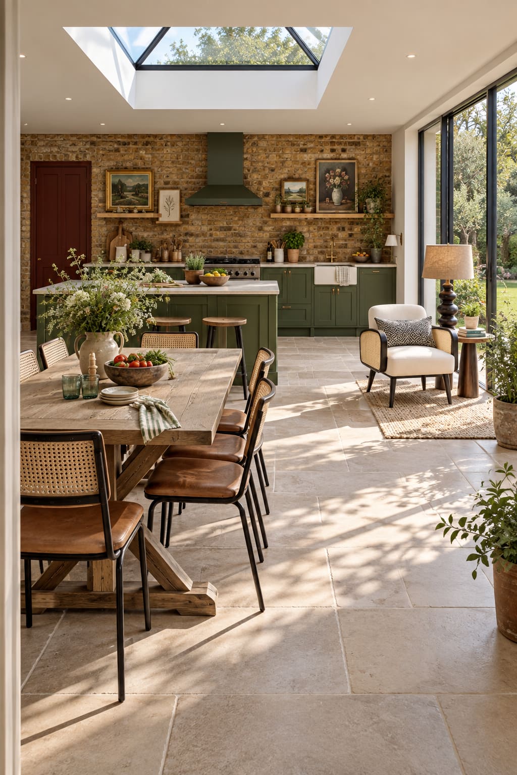 Green kitchen against an old brick wall with a red pantry door, oak dining table, cane-backed chairs and a cream reading chair beside garden glazing.