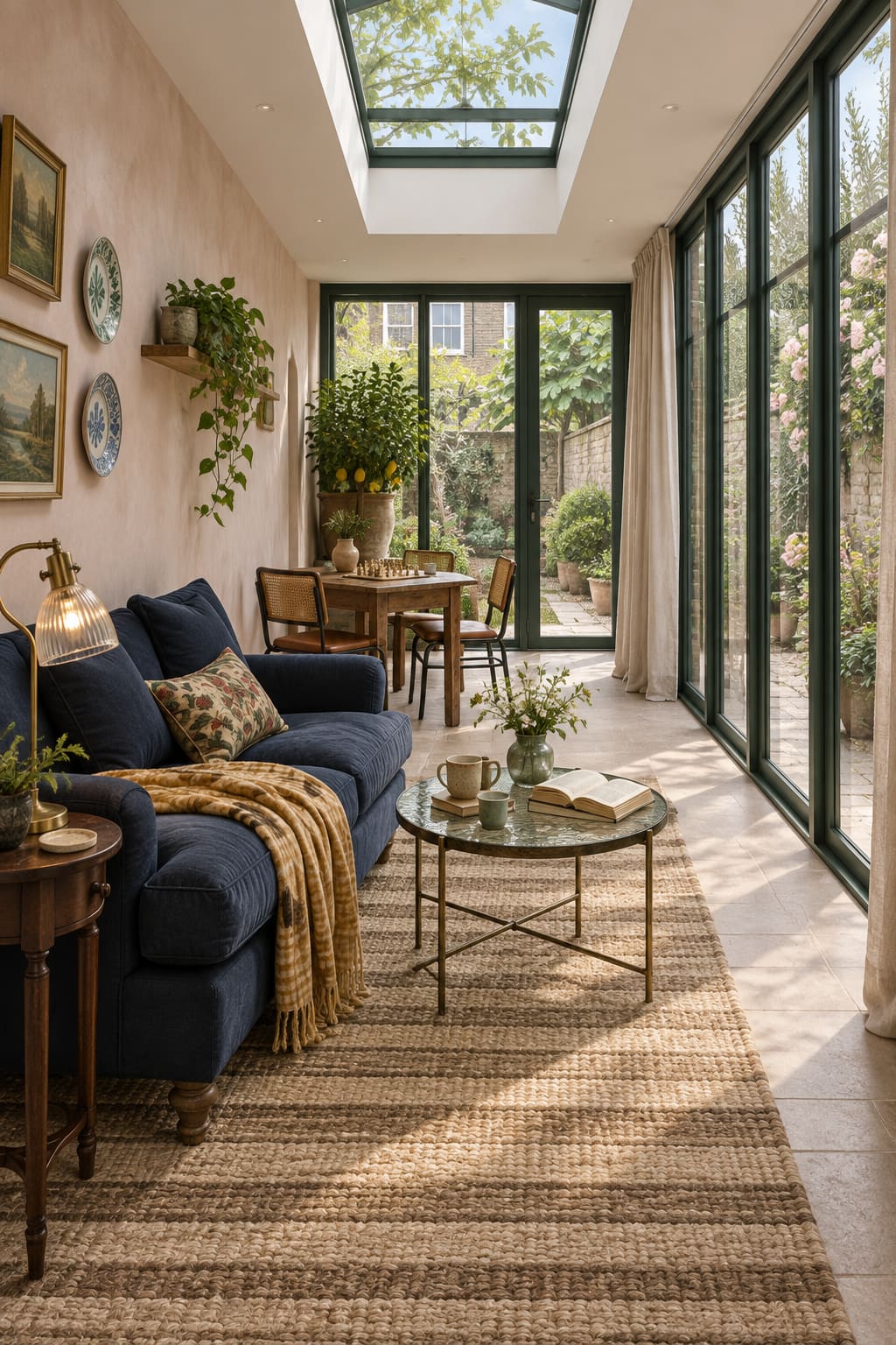 Narrow garden room with an indigo sofa, pink plaster, round glass coffee table and a two-seat chess table beside dark green glazing.