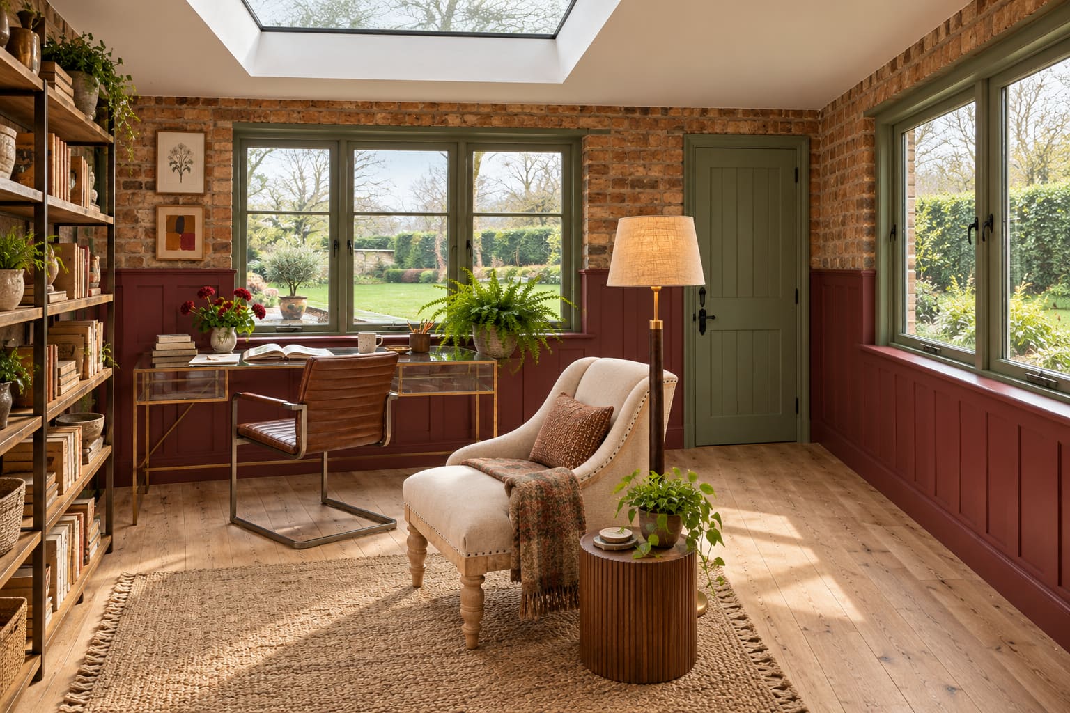 Brick garden office with claret panelling, sage windows, glass and brass desk, brown leather work chair and pale linen reading chair.