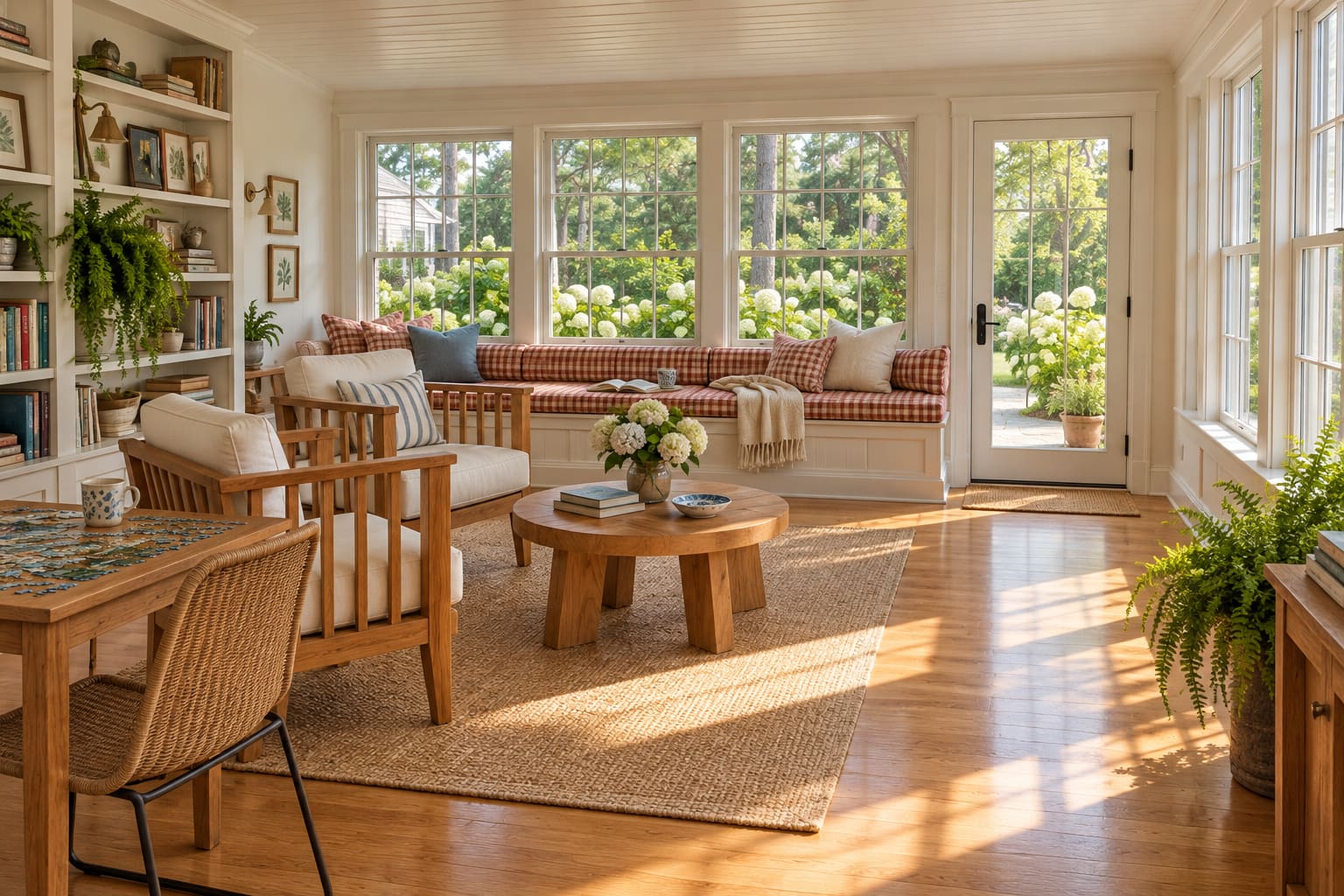 Maine-inspired sunroom with a long red-check window seat, cream-cushioned teak chairs, round timber coffee table and a separate jigsaw table.