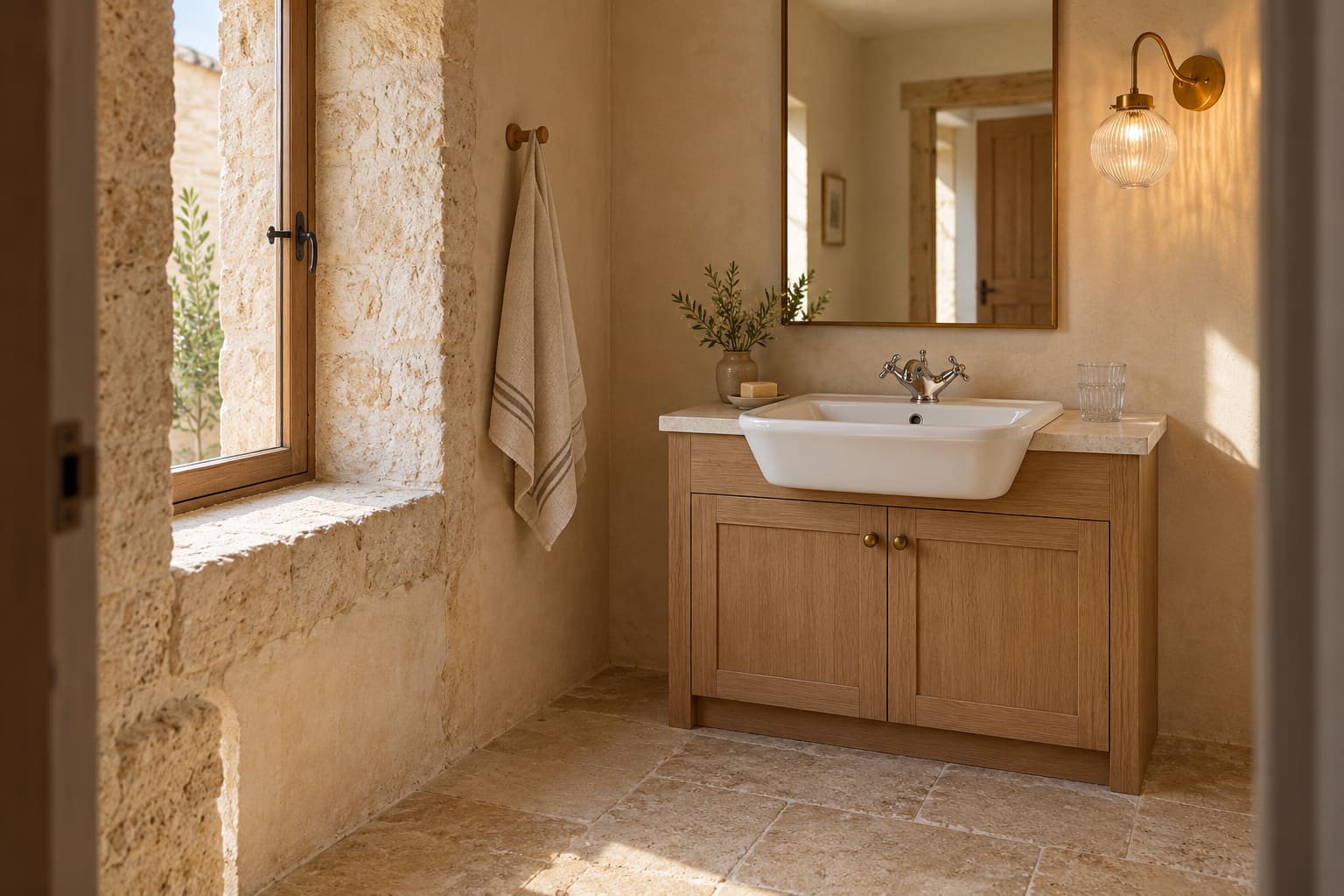 Illustrated stone bathroom with a white semi-recessed basin on a wooden cabinet, chrome crosshead tap, brass globe wall light and a deep timber-framed window.